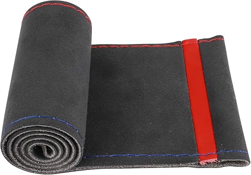 Yeolpise Funda universal de gamuza para volante, de 15 pulgadas, cosida con letrero de regresión rojo, kit de costura de cuero genuino suave y