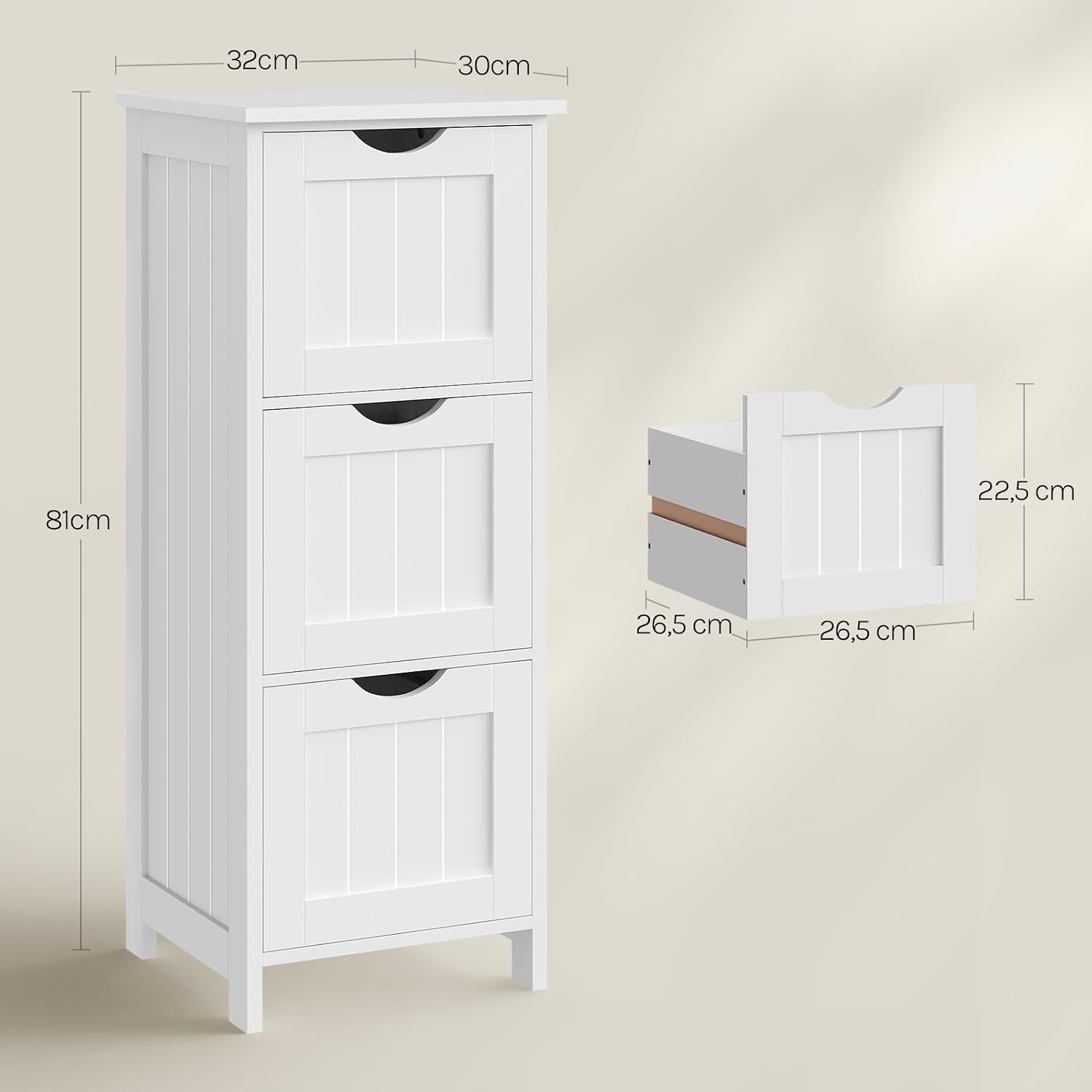 Diagram showing the dimensions of the WOLTU 3-drawer cabinet: 32cm width, 30cm depth, 81cm height