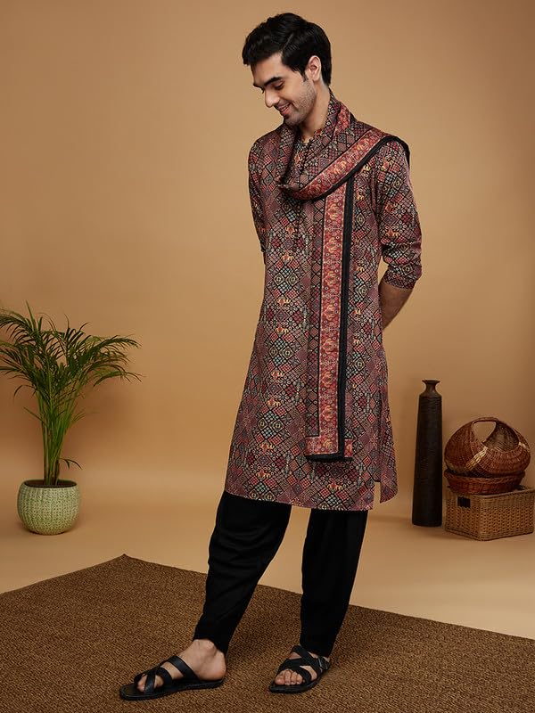 Image of KISAH Men's Kurta Patiala Set with Dupatta, Black Cotton Blend, Printed Regular Fit Mandarin Collar Long Sleeves