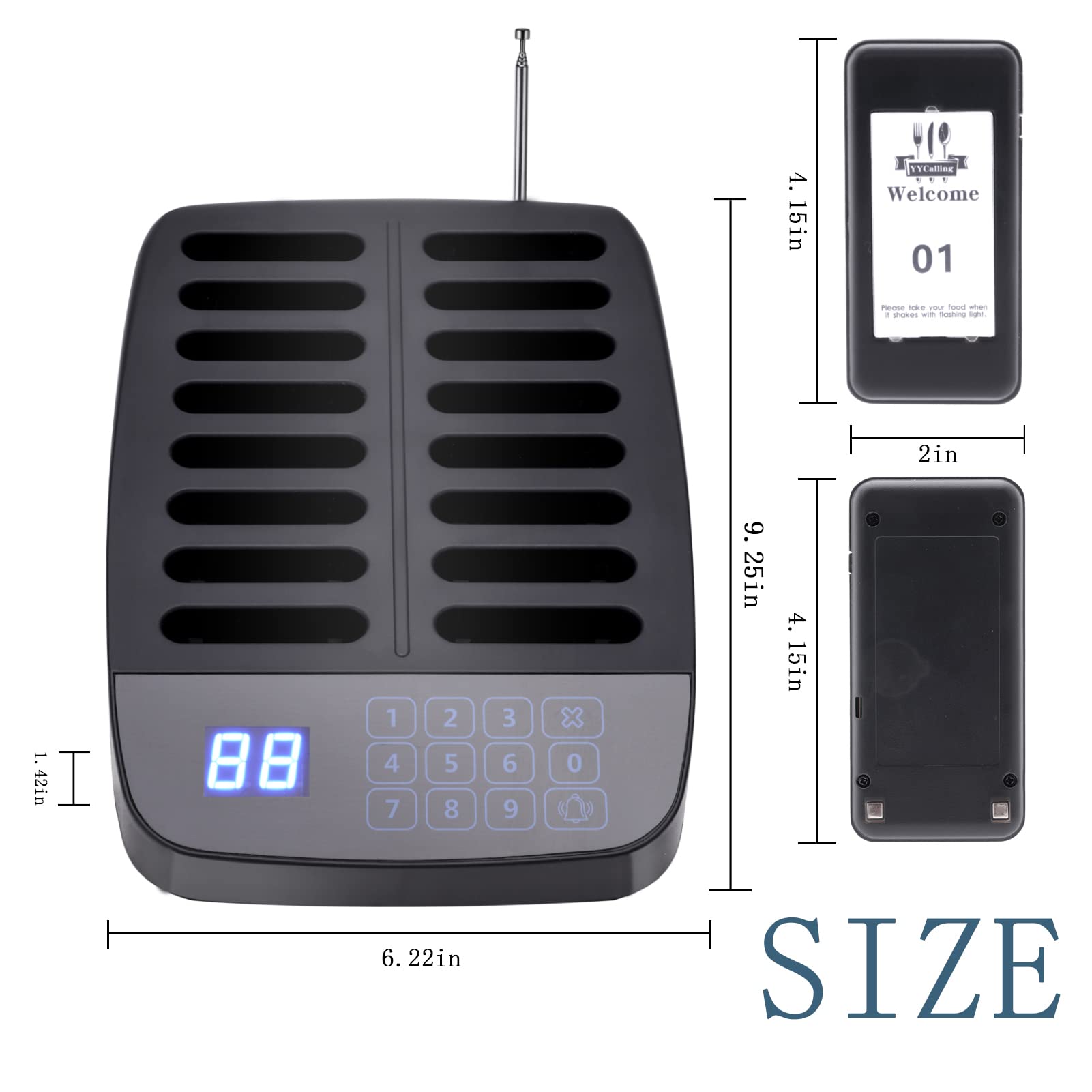 Sistema di cercapersone per ristorante, sistema di chiamata wireless con 16 cercapersone per gli ospiti, cicalini distanziamento sociale, 98 canali con vibrazione, lampeggiante e cicalino