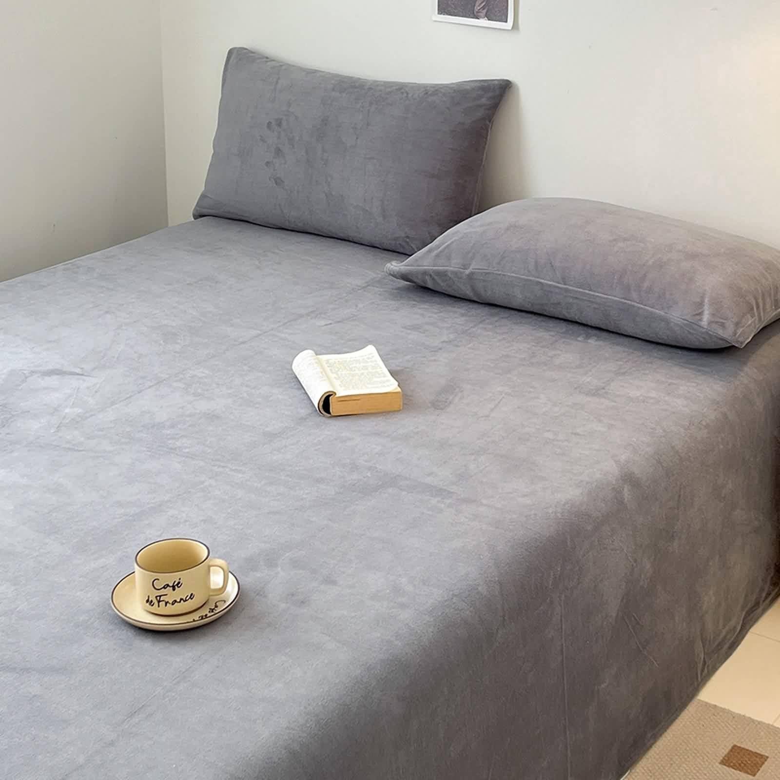 Sábanas de cama grises, sábanas vintage de terciopelo de color sólido, ropa de cama de terciopelo de fácil cuidado, 79 pulgadas de ancho x 91 pulgadas de largo, 1 pieza