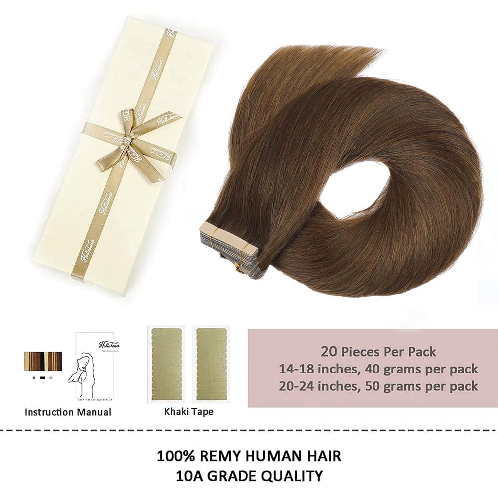 HotLulana Doczepiane naturalne włosy do przedłużania włosów w kolorze czekoladowego brązu, 50 cm, 50 g, niewidoczne, 100% naturalne włosy na taśmie, 20 sztuk, prawdziwe włosy #4.