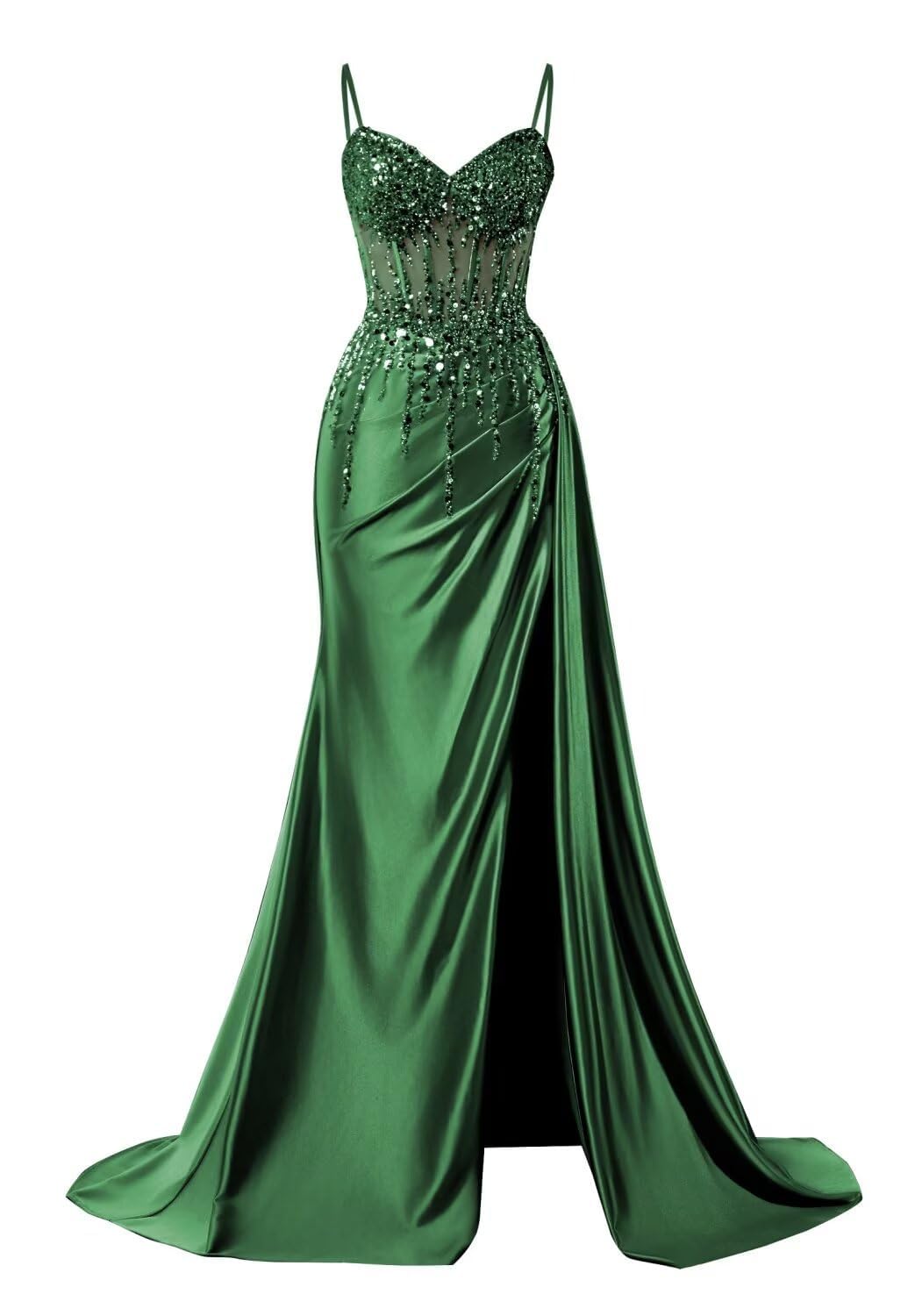 Hppee Women's Emerald Green Prom Dresses For With Slit Spaghetti Strap V Neck Satin Mermaid Celebrity Pageant Dress Formal Gown Uk10