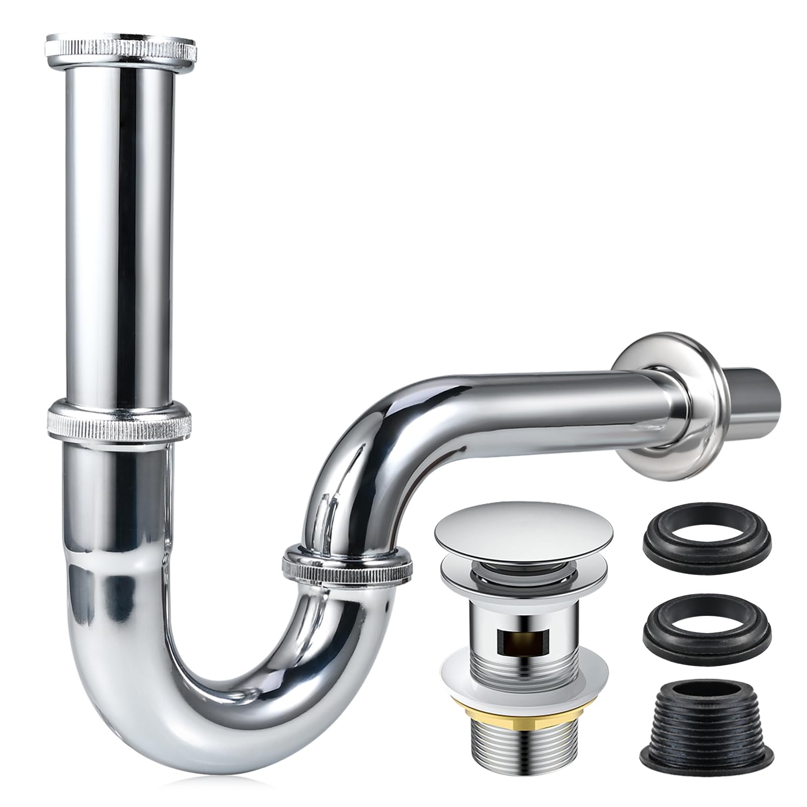Cieex Universal Siphon Waschbecken Komplettset, Verstellbar Siphon aus hochwertigem Edelstahl, Röhrensiphon Ablaufgarnitur 1 1/4" mit Waschbeckenstöpsel, Geruchsverschluss & Gummimanschette, Chrom