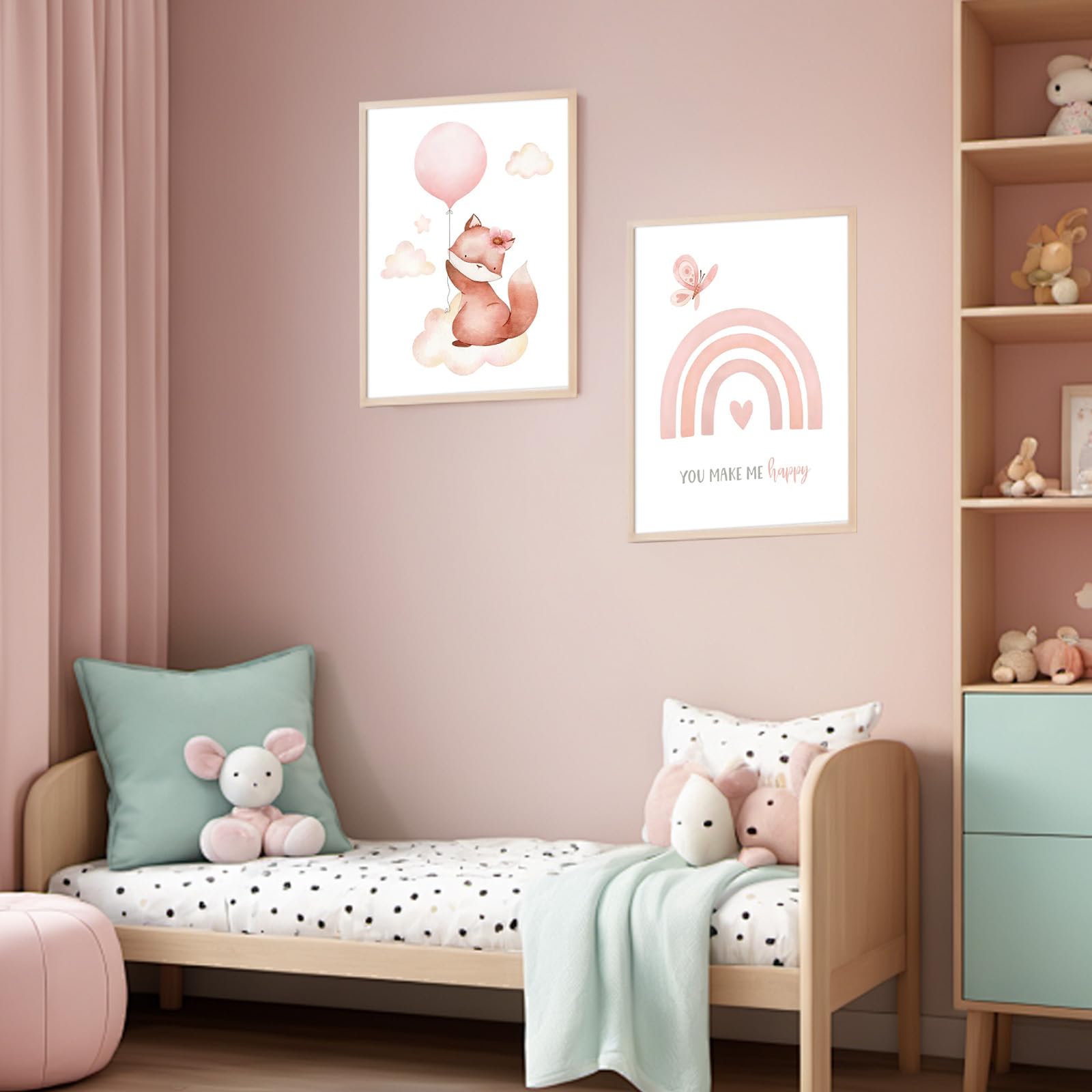 Eclove Set di 4 Poster per Cameretta Bambini - Animali ad Acquerello con Volpe Rosa & Giraffa, Decorazione Murale per Nursery e Cameretta di Bambina, Senza Cornice (21x30 cm A4)