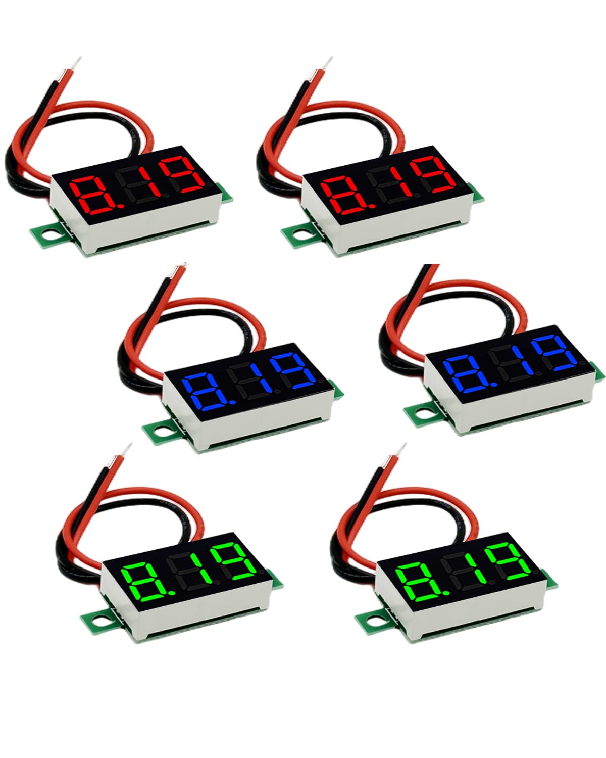 Sumklin Mini DC Voltmeter 0.36 inch 2-Wire DC 4-30V Voltage Tester 6PCS LED Panel 3 Colors Combined