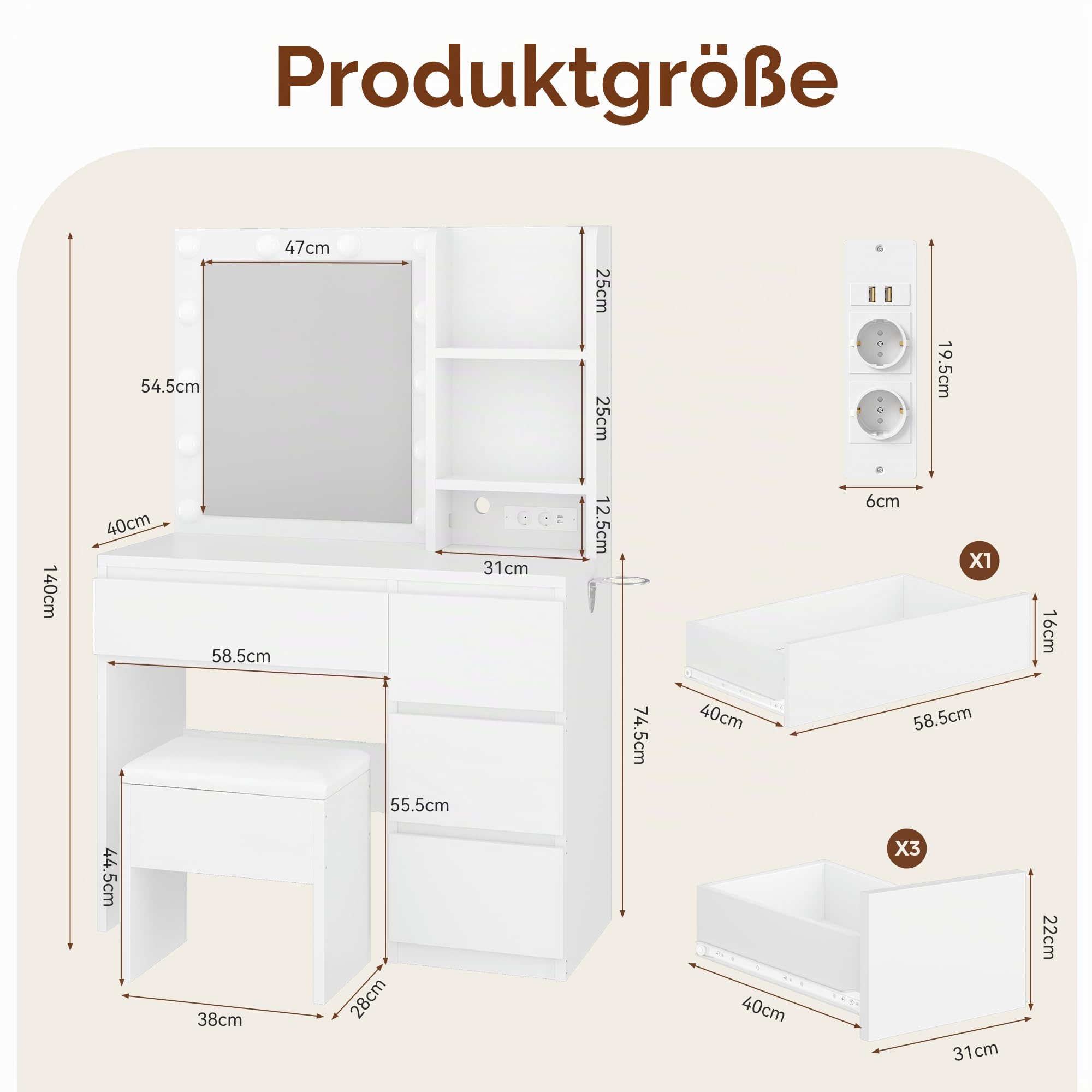 Jocoevol Schminktisch mit Spiegel und LED Beleuchtung, 40 x 94 x 140 cm