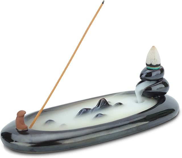 ComSaf Incense Stick Holder Ceramic Black 18cm, Handmade Blackflow Incense Cone Burner Stick Ash Catcher Decorative Tray for Meditation, Yoga, Spa Relaxation