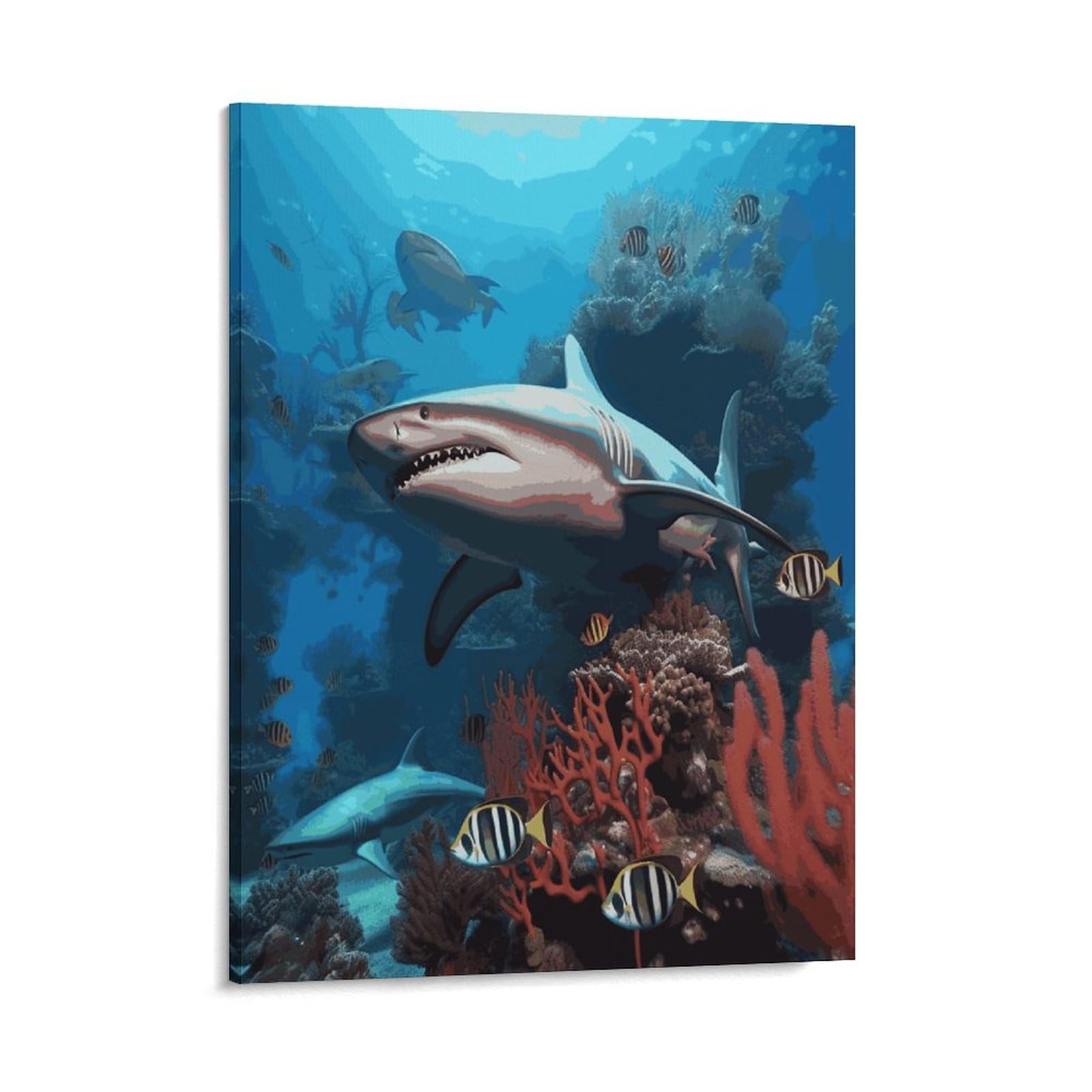 Adfgyerh Style Submarine Shark Coral Wall Art Framed,Canvas Prints Ready To Hang Home Decor,Canvas Wall Art For Living Room Hallway Office Wall Decor 16X20inch(41X51cm)