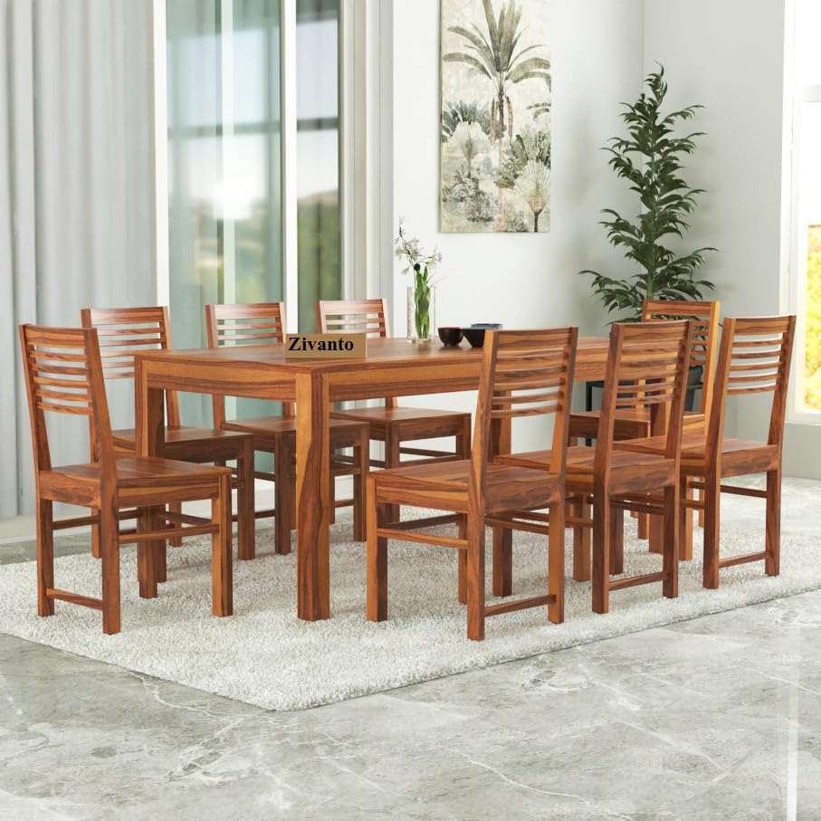 Image of Solid Sheesham Wood Dining Table 8 Seater | Rectangle Eight Seater Dinning Table with 8 Chairs for Home | Wooden Kitchen Dinner Table 8 Seater | Dining Room Sets for Restaurants | Teak Finish