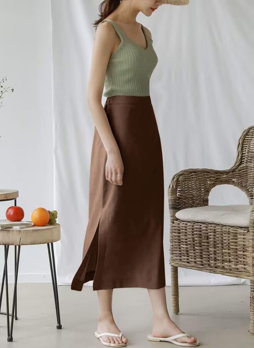 Ylingjun Womens High Waisted Straight Cotton Linen Long Skirt with Slit - Image 2