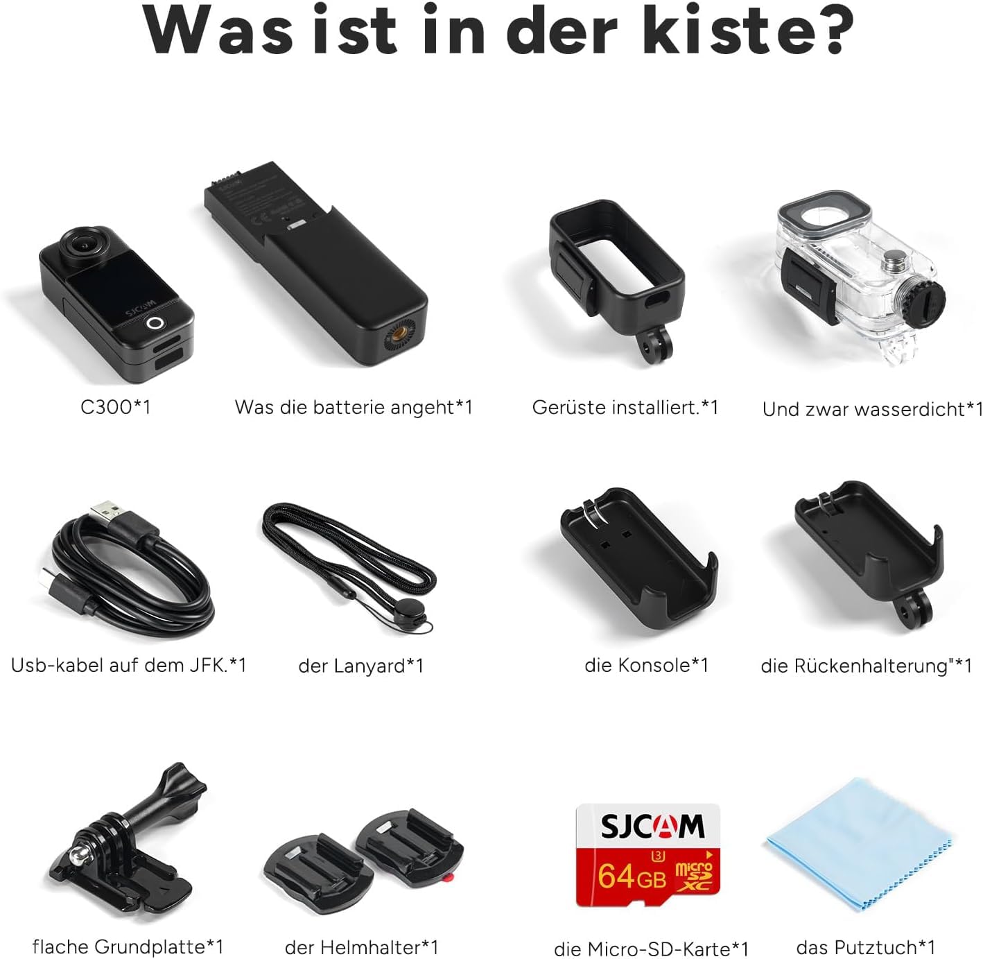 SJCAM C300 Vlog Kamera 4K(64GB),7 Stunden Akkulaufzeit,6-Achsen-Stabilisierung,Dual-Touchscreen,154° Weitwinkel,30M Wasserdicht,Action cam mit Zubehör-Kits Geschenke,Schwarz