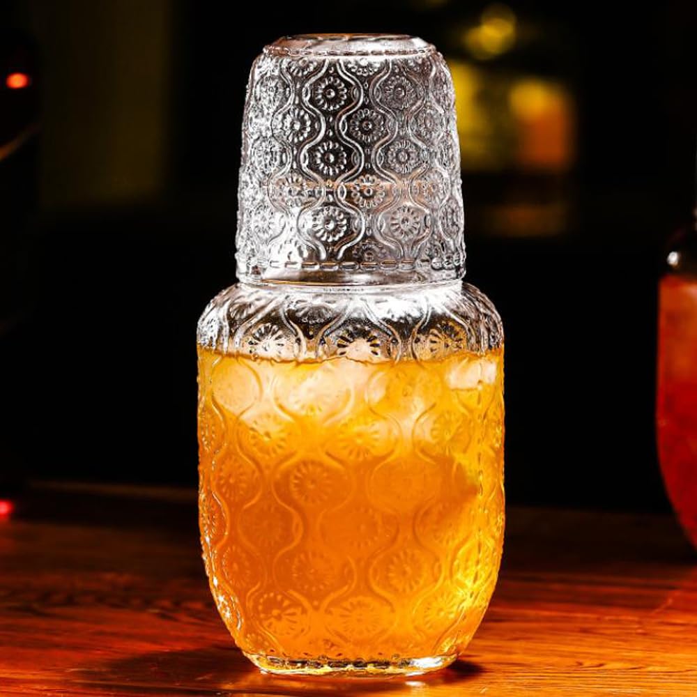Juego de jarra de agua y vaso vintage para mesita de noche, jarra de vidrio de 18.5 onzas y taza de 5 onzas, juego de jarra de agua nocturna con vaso, jarra de agua de vidrio transparente con tapa