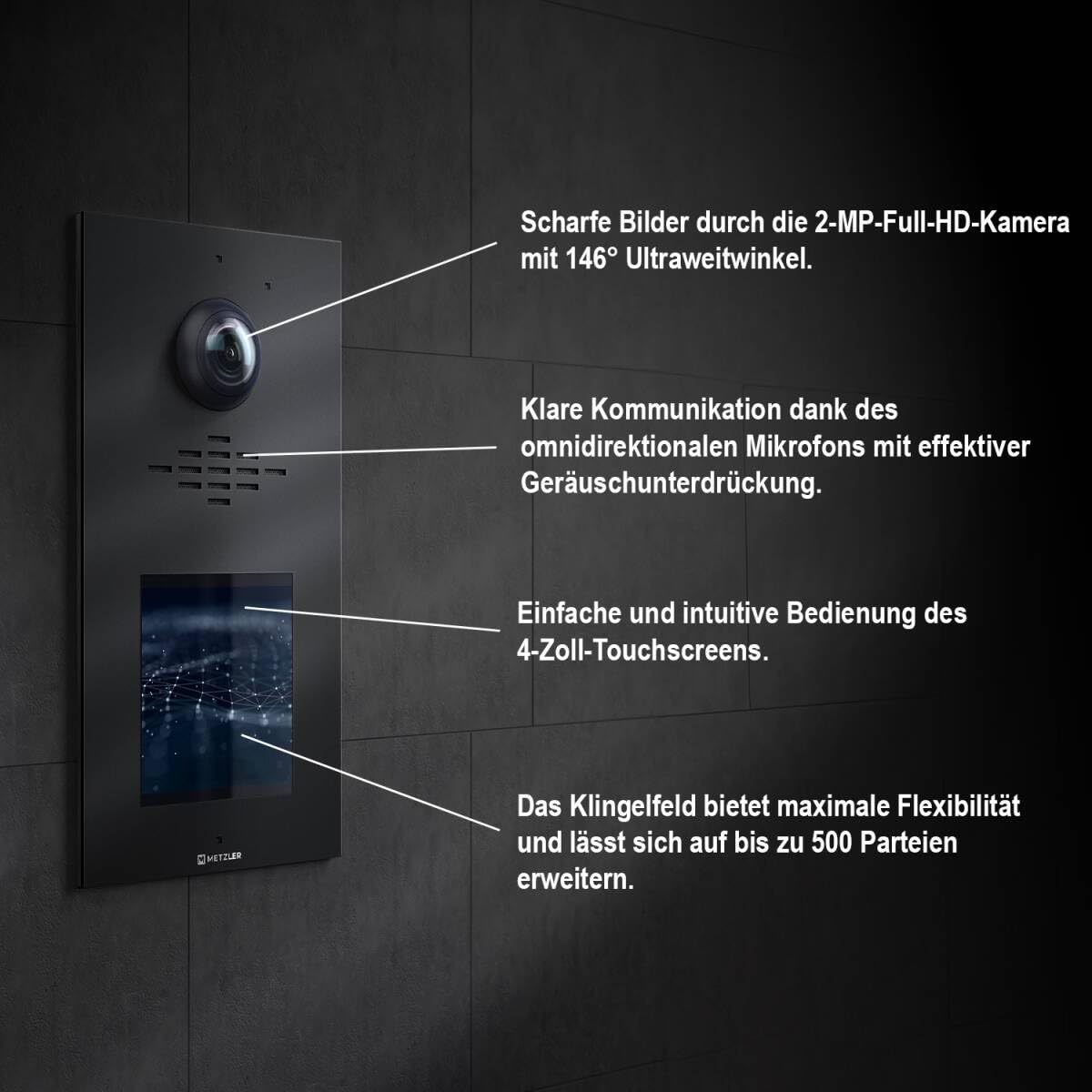 Metzler videocitofono completo per 1-500 unità - LAN/POE - citofono con display IPS touchscreen e 1 monitor interno in kit, nero in acciaio inox V2A | Horizon