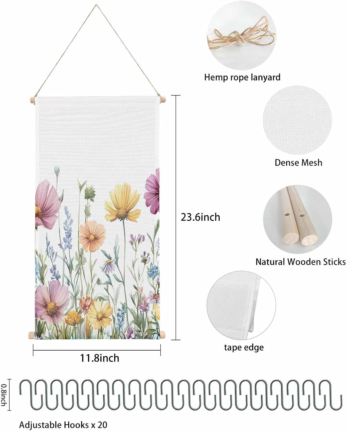 Colorful Floral Hanging Jewelry Organizer Earring Holder for Women, Country Spring Botanical Flowers Herbs Earring Organizer for Necklaces Rings on Closet, Wall, Door