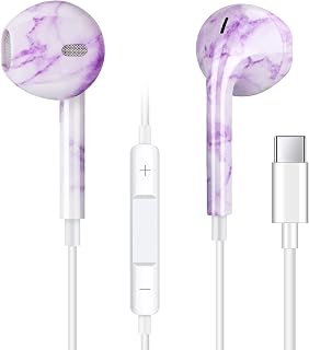 XNMOA USB C Headphones with Microphone,C Plug Earphones with Volume Control,Wired Type C Earbuds for Android Support Call,Compatible with Samsung Galaxy S23 Ultra, S23+, S23,iPad Pro,Purple Marble