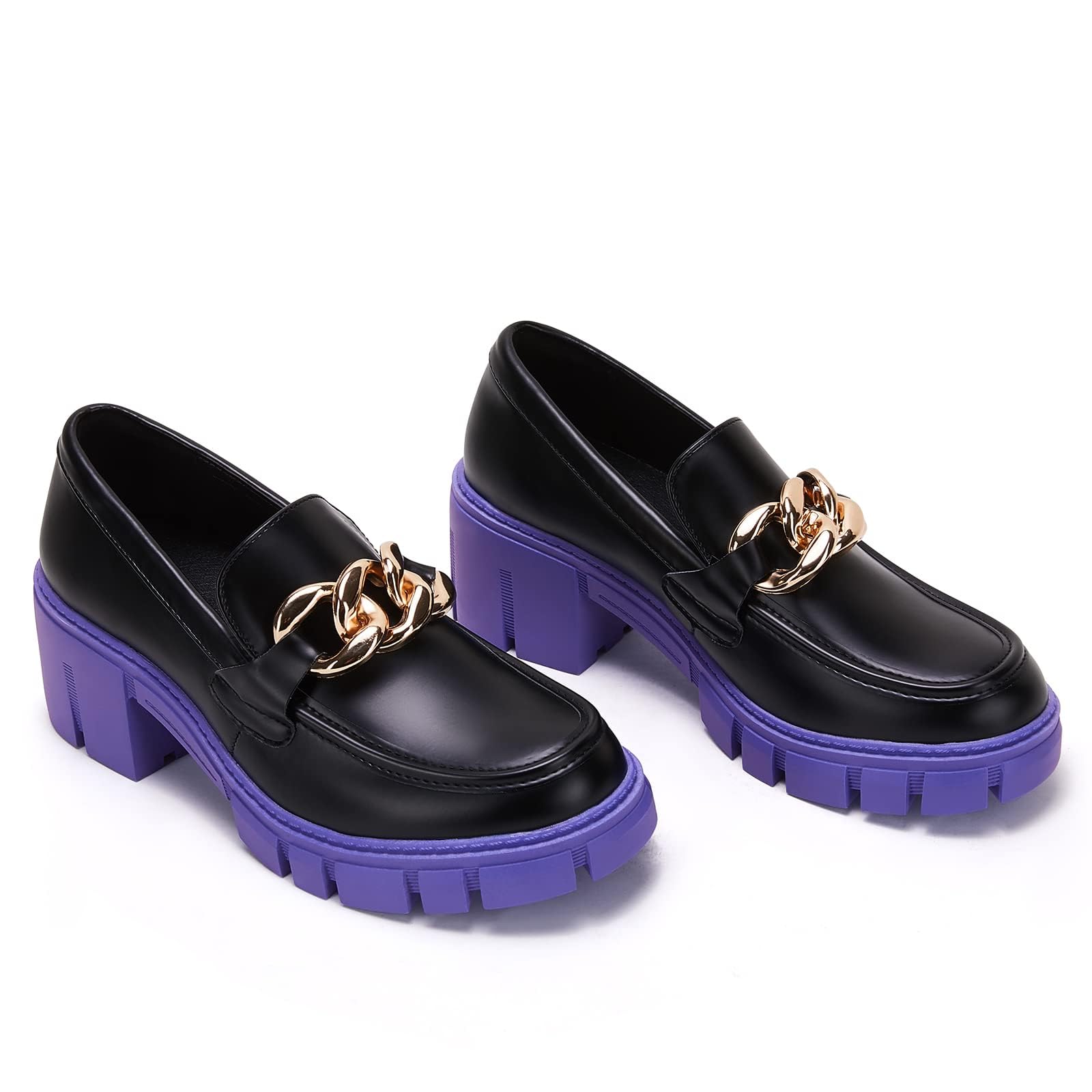 TINSTREE Platform Loafers for Women with Chain Comfort Chunky Heel Slip On Round Toe Business Work Shoes