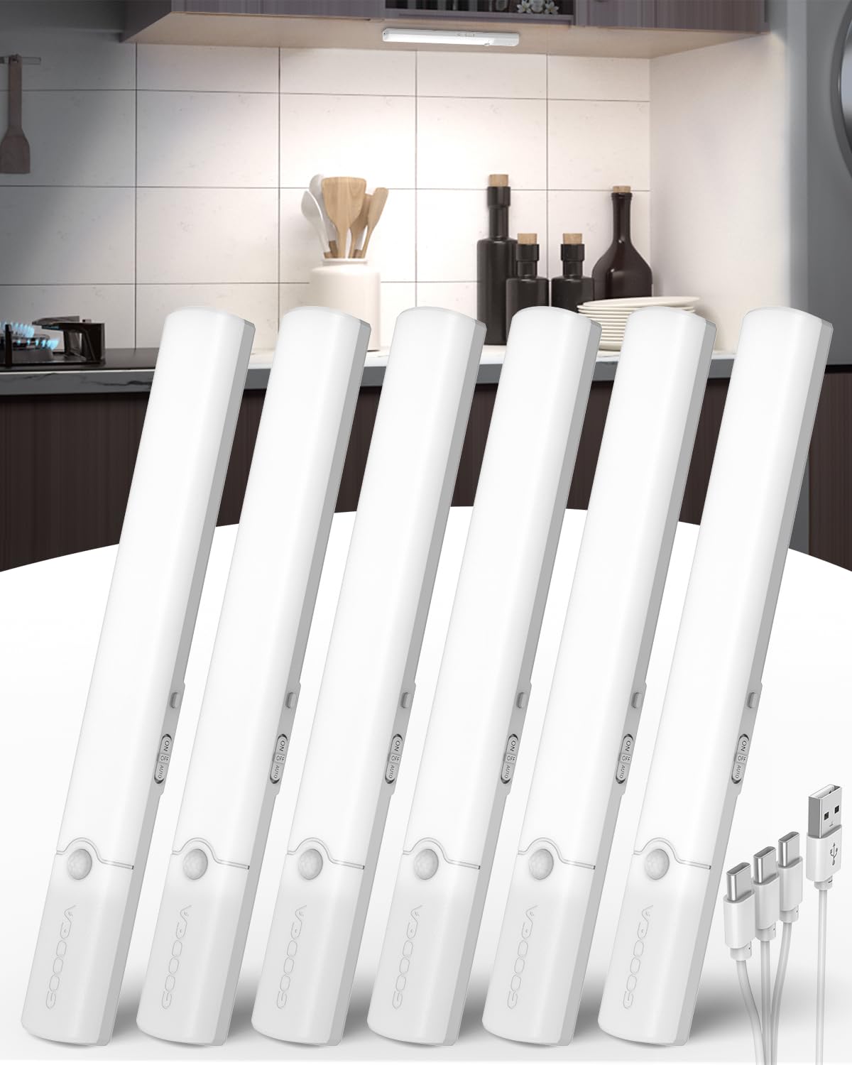 Goodea Under Cabinet Lighting, LED Motion Sensor Light Indoor, Wireless Rechargeable Battery Operated Under Cabinet Lights for Kitchen,Dimmble Closet Lights (6 Pack)