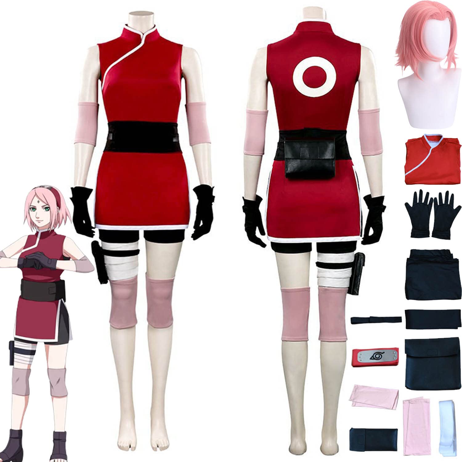 Anime Personaggio Haruno Sakura Cosplay Costume Vestito Gioco di Ruolo Uniforme Set Completo Halloween Festa Carnevale Dress Up Suit con Parrucca Copricapo per Donne