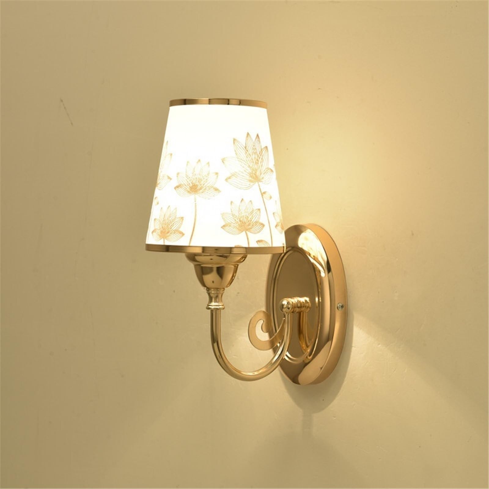 Golden Metal Wall Sconce Lotus Printed Fabric Shade Lamp Applique