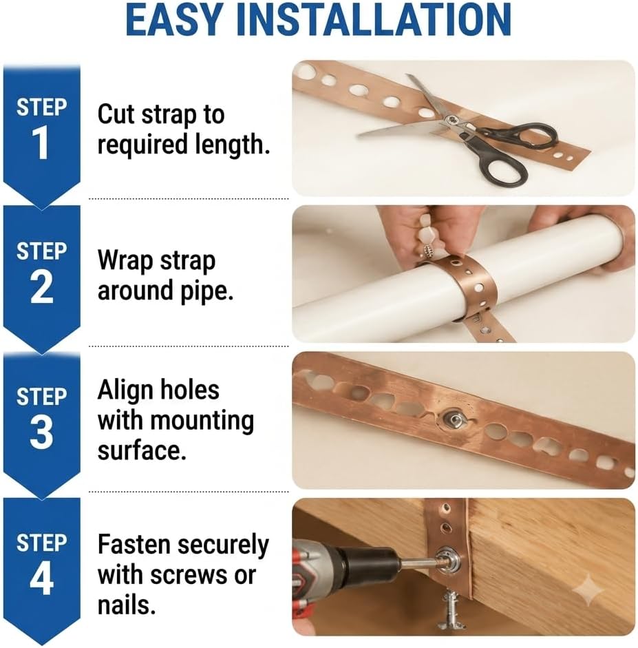Copper Plate Steel Hanger Strap, 3/4 Inch x 10 Feet, 24 Gauge, for Pipe Support, Hanging and Flexible Trimming with Holes