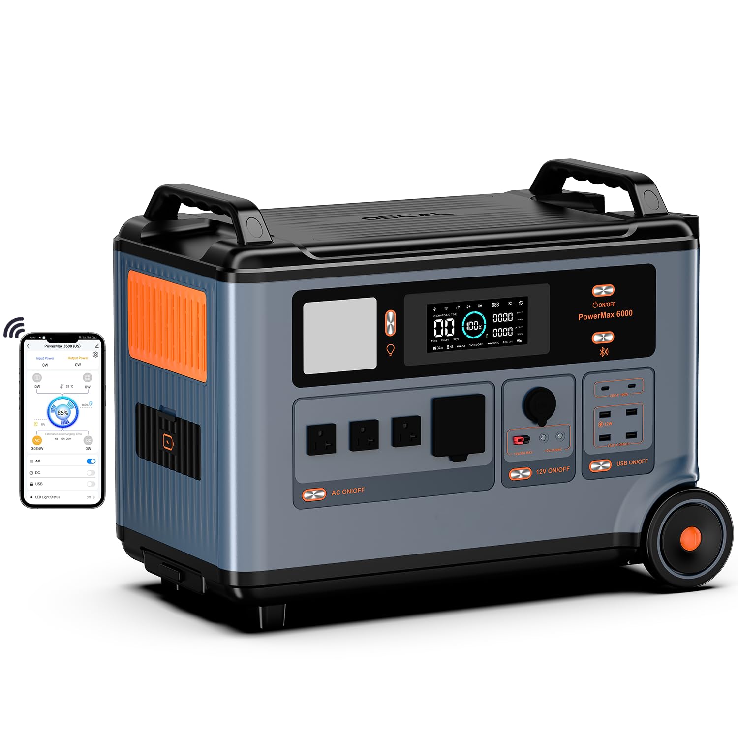 Estacion de Energia Portatil PowerMax 6000, 3600Wh/6000W LiFePO4 | Batería de Gran Potencia (pico de 9000W), Generador Solar, Carga Rápida de 0-80% en 90 min para Camping, RV, Apagón