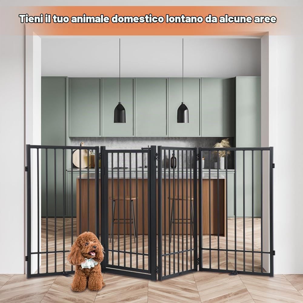 SMONTER Cancello per cani autoportante con porta passante, recinto per cani da interno extra largo 204 cm, altezza 80 cm, 4 pannelli, pieghevole, in metallo, per scale, corridoi, porte