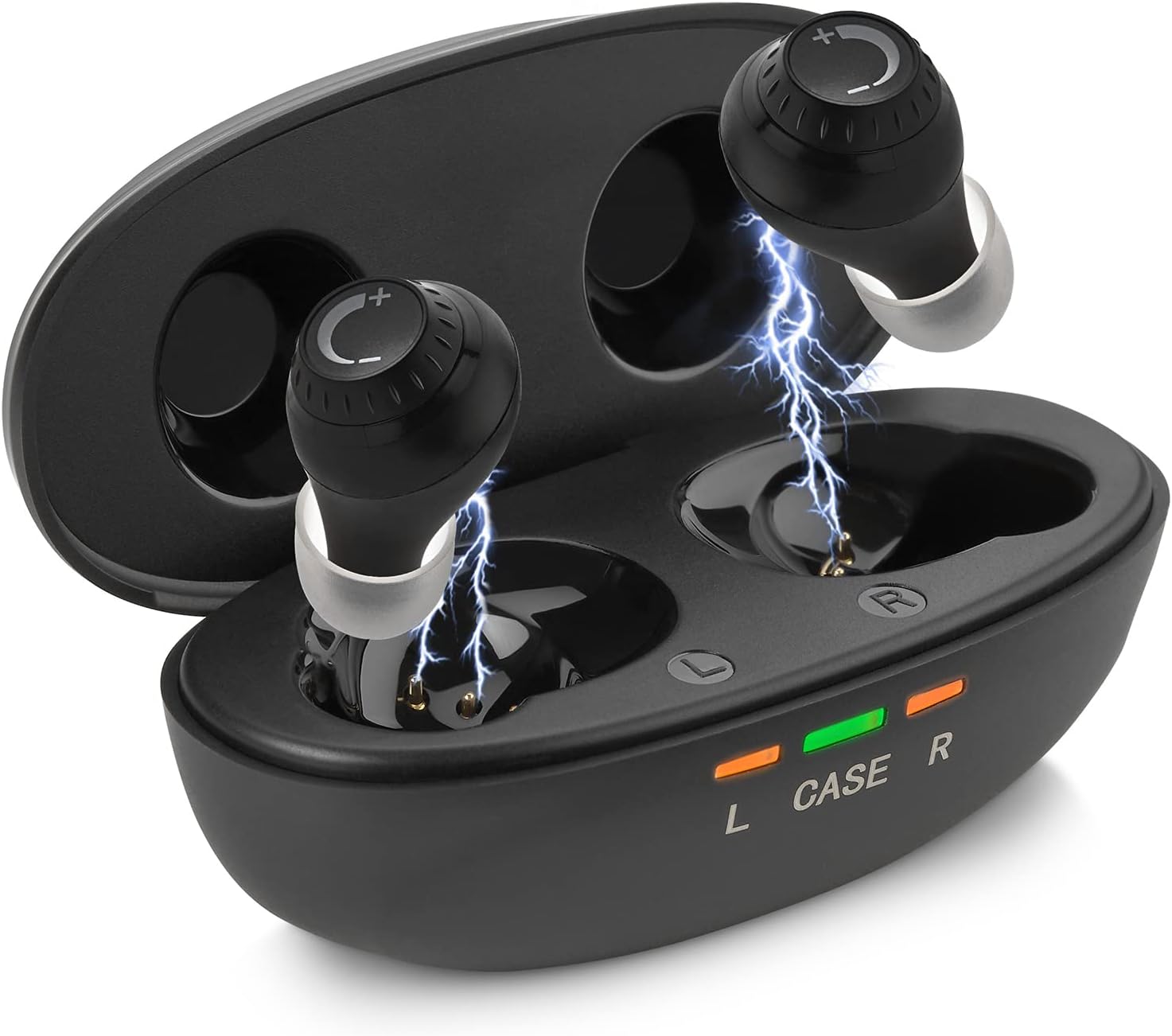 Close-up view of the MEDca Mini Digital Hearing Amplifiers in their charging case, with one amplifier appearing to charge with a lightning bolt graphic.