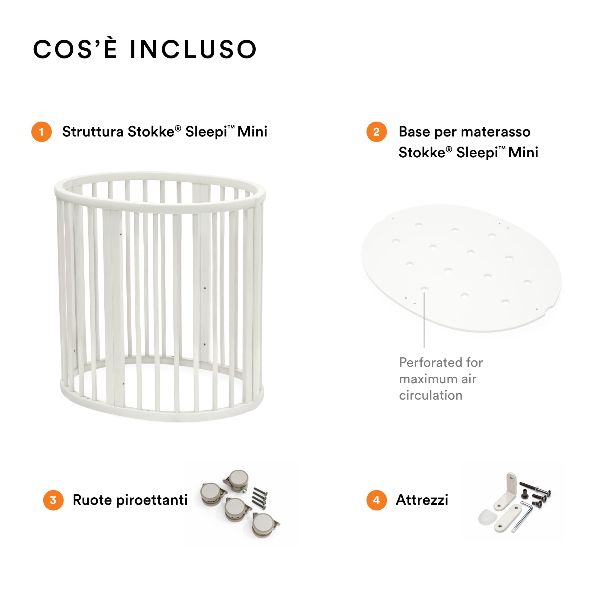 Stokke Sleepi Mini, Bianco - Culla ovale adatta per 0-6 mesi - Base regolabile in altezza, ruote girevoli bloccabili, base materasso traforata per la circolazione dell'aria