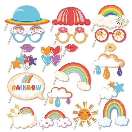 Kristin Paradise 20Pcs Rainbow Photo Booth Props with Stick, Cloud Theme Selfie Props, Color Birthday Party Supplies, Colored Photography Backdrop Decorations