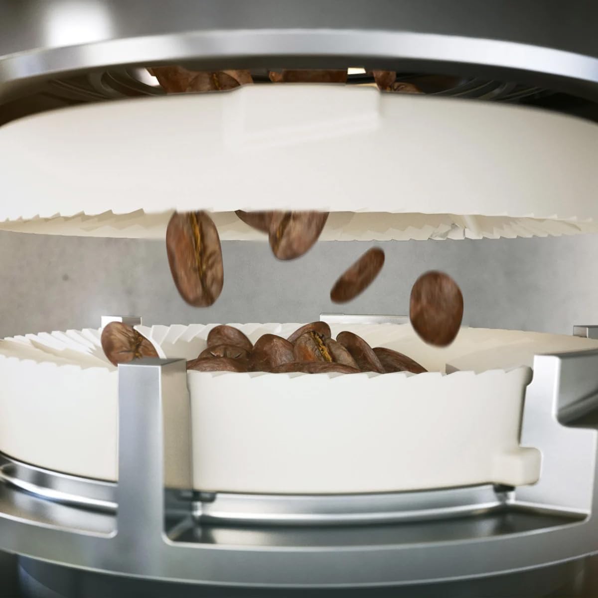 Coffee beans being poured into the bean hopper of the espresso machine
