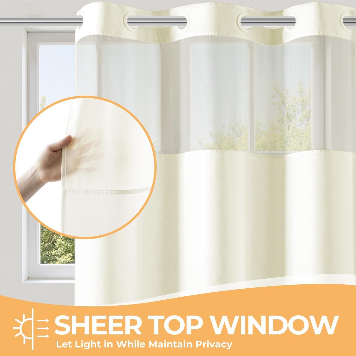 River Dream No Hook Fabric Shower Curtain or Liner with Sheer Window, No Liner Included or Needed, Water Repellent, Machine Washable (Beige, 54" Wx80"L)