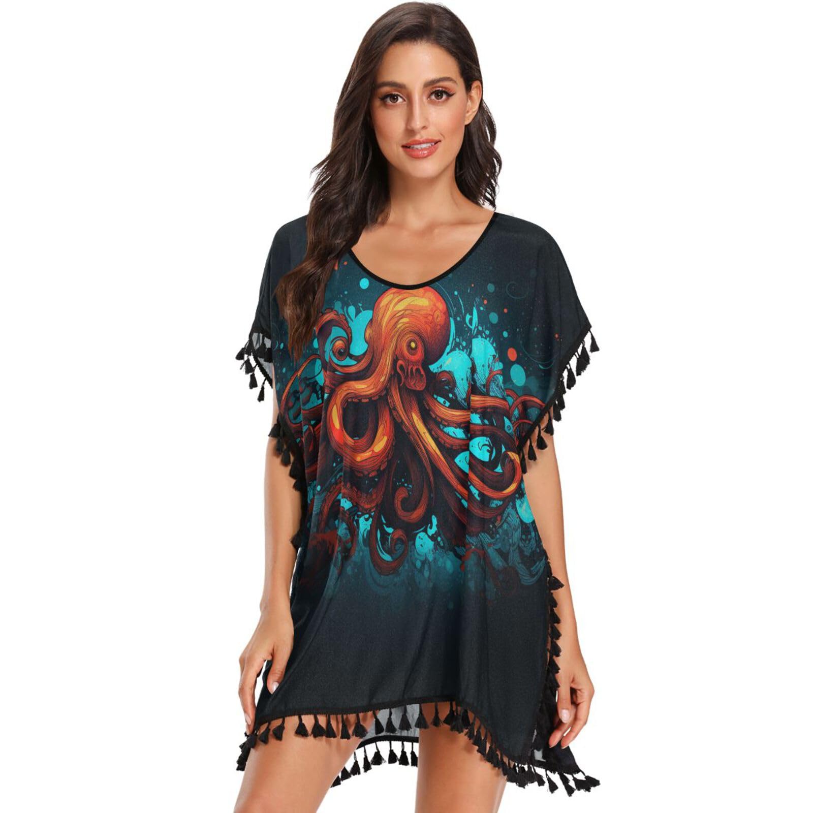 KAAVIYO Dark Sea Octopus Abstract Women's Beach Cover Up Chiffon Tassel Swimwear Swimsuit Coverups for Girl
