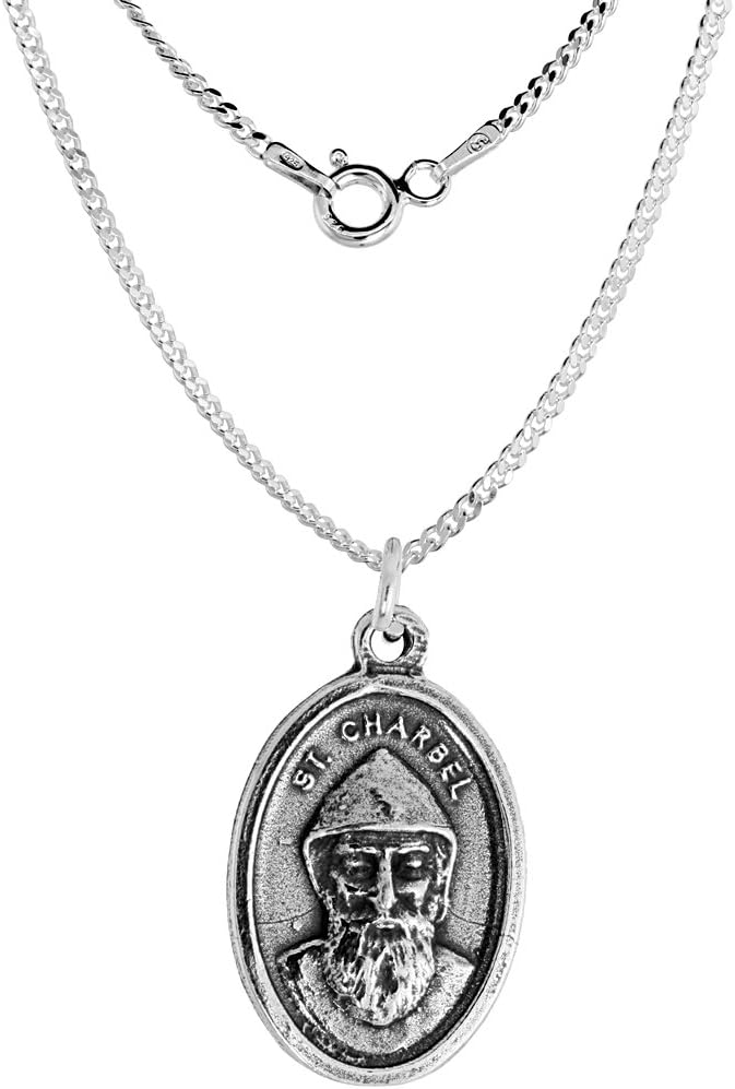 Sterling Silver St Charbel Medal Necklace Oxidized finish Oval 1.8mm Chain