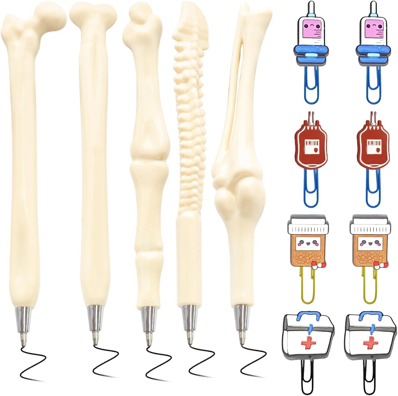 – 5 Bone Modeling Pens and 8 Paper Clips, Creative Modeling Pens, Novel and Funny Stationery, Cute Ballpoint Pens