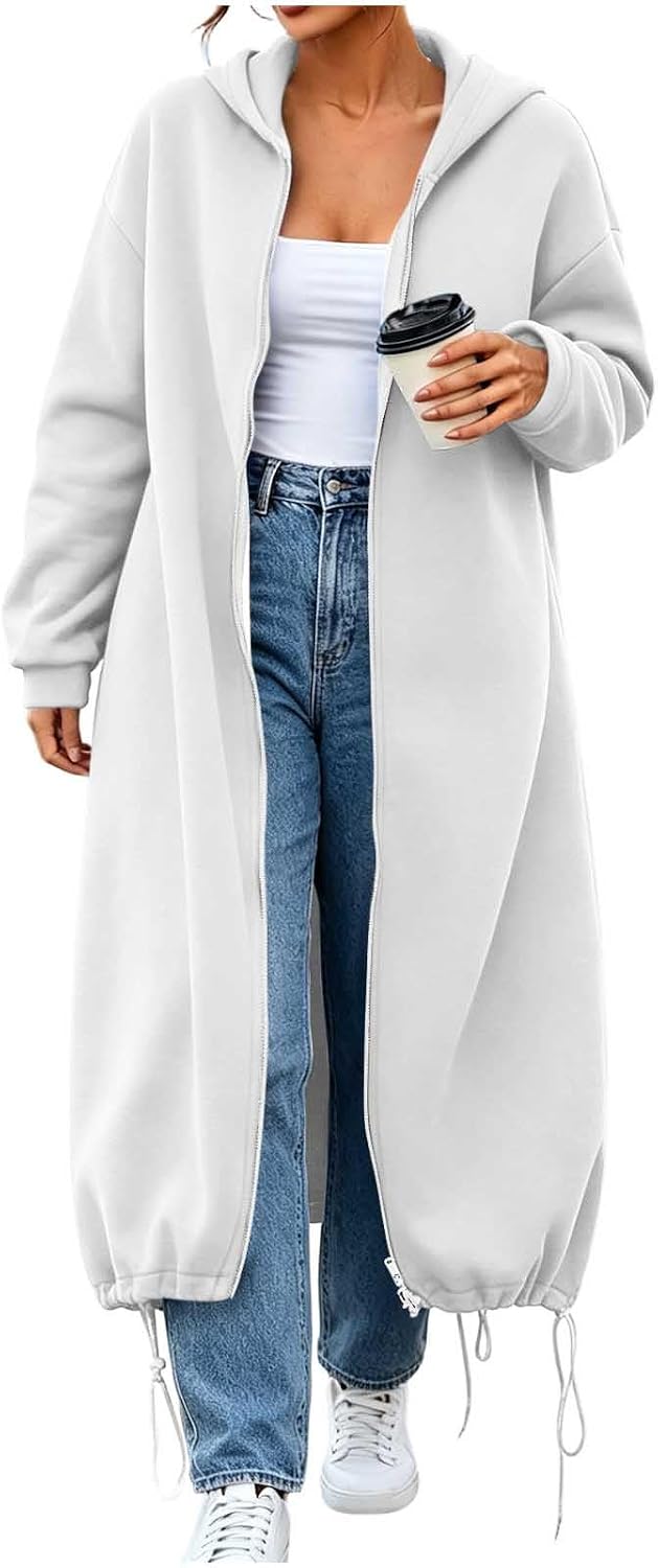 Womens Long Hooded Sweatshirt Zip Up Fleece Jacket with Pockets | Longline Silhouette, Soft Warm Fabric, Adjustable Hem, Perfect for Layering with Jeans and Sneakers In Fall/Winter