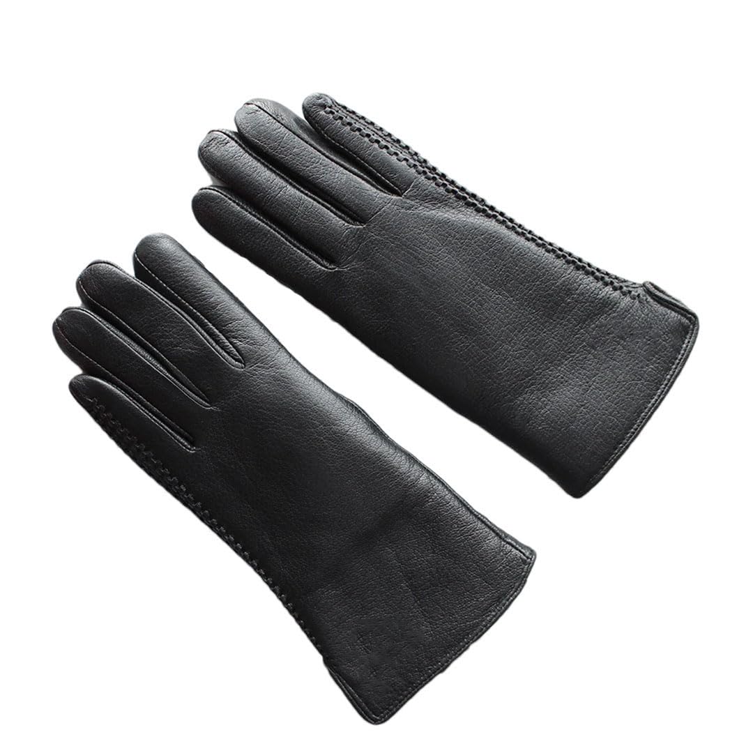 Gants d'hiver chauds en cuir véritable avec doublure épaisse en laine pour femme