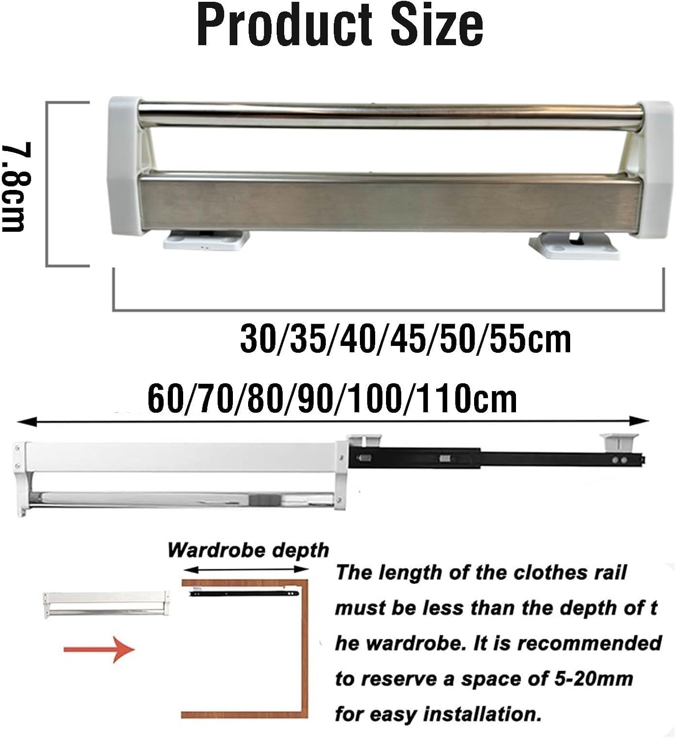 調節可能な衣類オーガナイザーホルダー - 引き出し式衣類レール - ワードローブ衣類レール 31-56cm、パンツとコート用、耐荷重