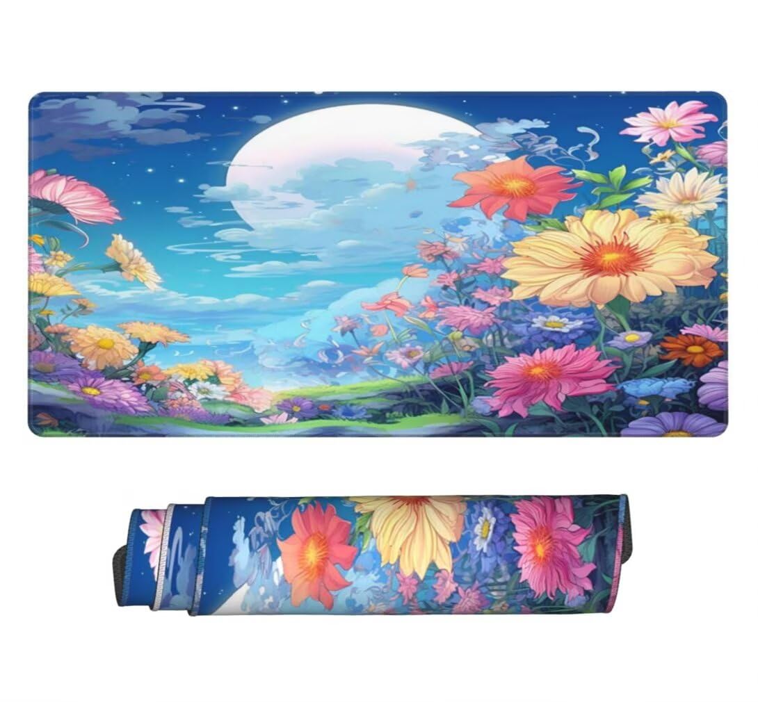 Tappetino Mouse XXL 1000x500mm Cielo Blu Grande Mouse Pad, Tappetino Scrivania Grande Mousepad Gaming con Bordi Cuciti, Tappeto Scrivania con Base Antiscivolo per Ufficio e Casa (Fiori) -MP1600