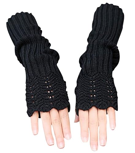 Novawo Scale Design Winter Warm Fingerless Gloves Knitted Long Arm Warmers for Women - Black