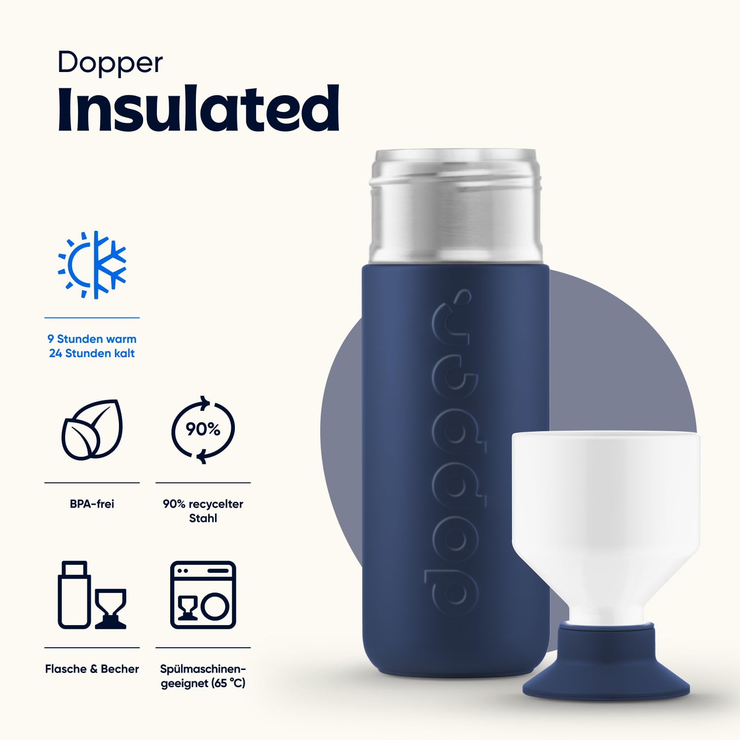 Dopper Personalisierte Insulated Thermosflasche - Edelstahl Trinkflasche - Thermobecher für Kaffee, Tee - Doppelwandig, auslaufsicher, hält 24h kalt / 9h heiß (Breaker Blue, 1000 ml)