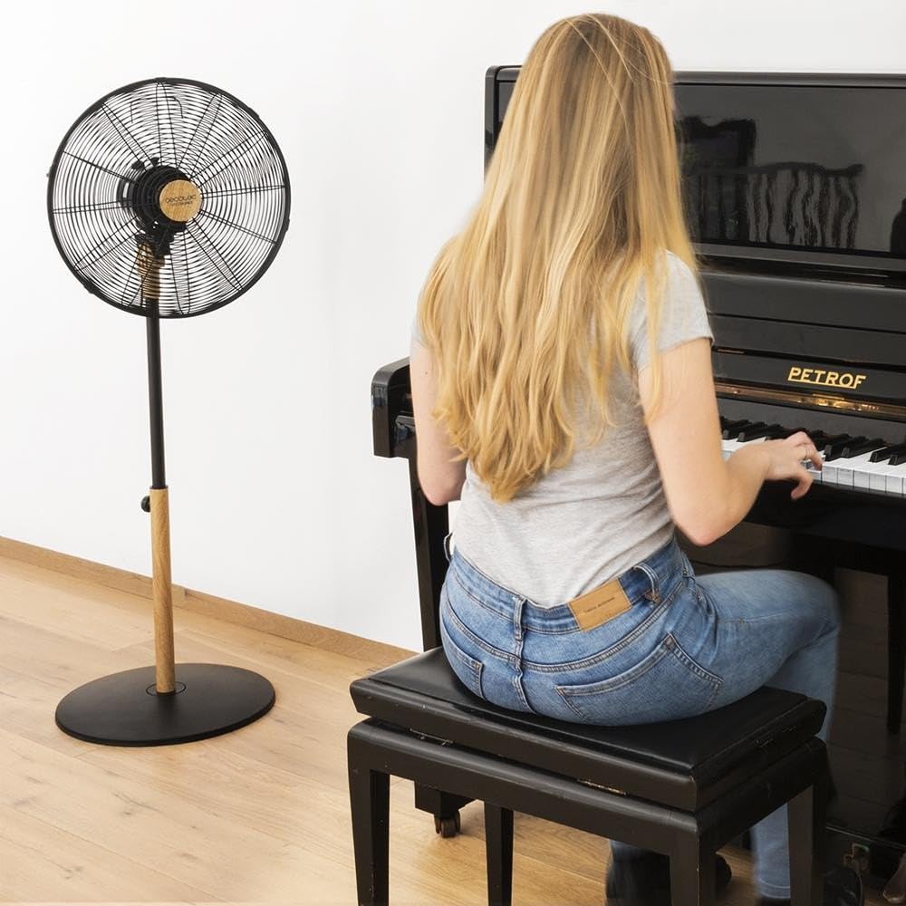 Cecotec Ventilador de Pie EnergySilence 600 Woodstyle. 50 W, Acabado en Madera, Diámetro 16" con 4 Aspas, 3 Velocidades, Oscilación, Altura ajustable, Máxima seguridad