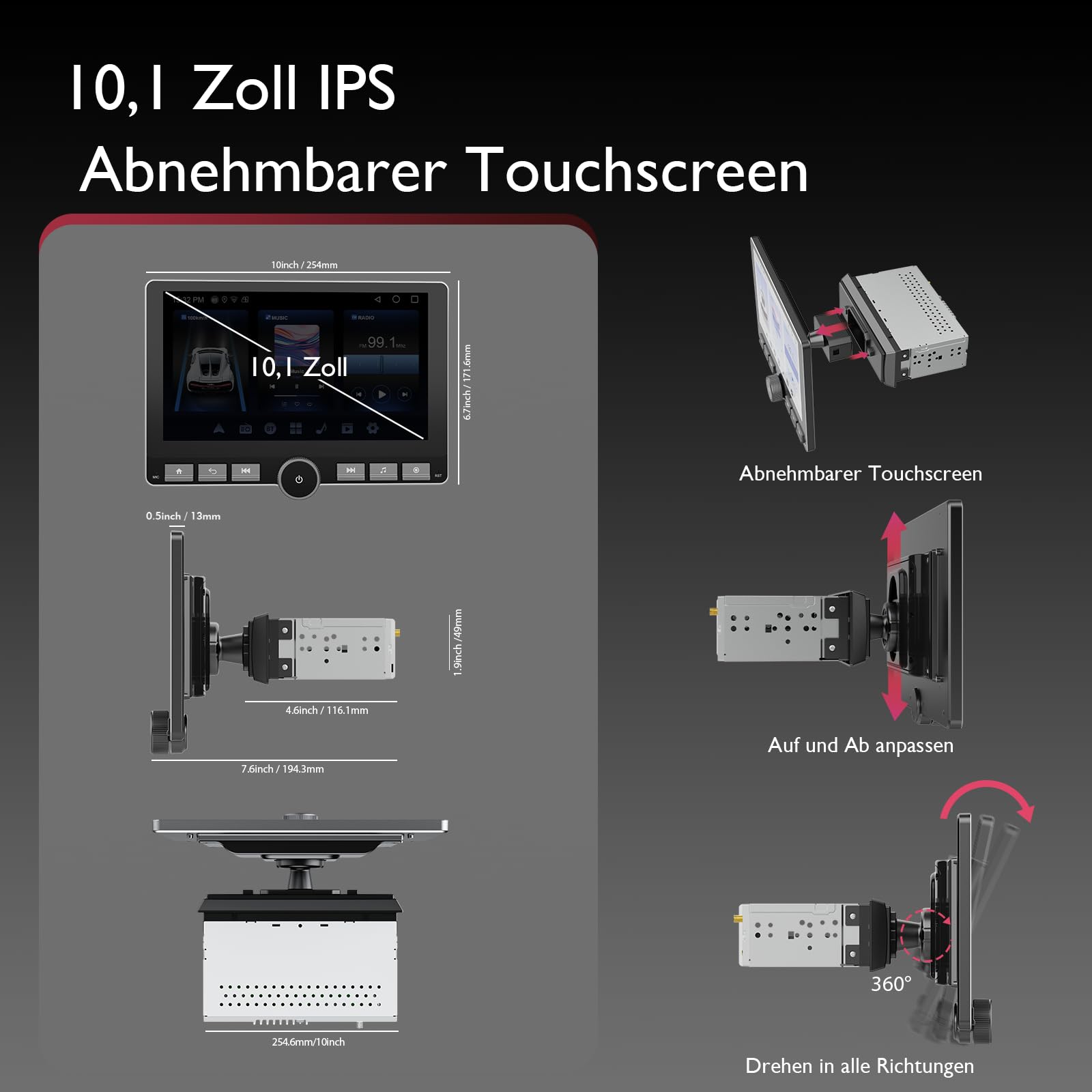 Haudio 360° Drehbares Autoradio, 1 Din DSP Autoradio, 10,1 Zoll IPS Bildschirm mit Carplay & Android Auto, Car Play mit Rückfahrkamera, Mirror Link, Sprachsteuerung AM/FM/RDS Radio mit Taste 2+64G