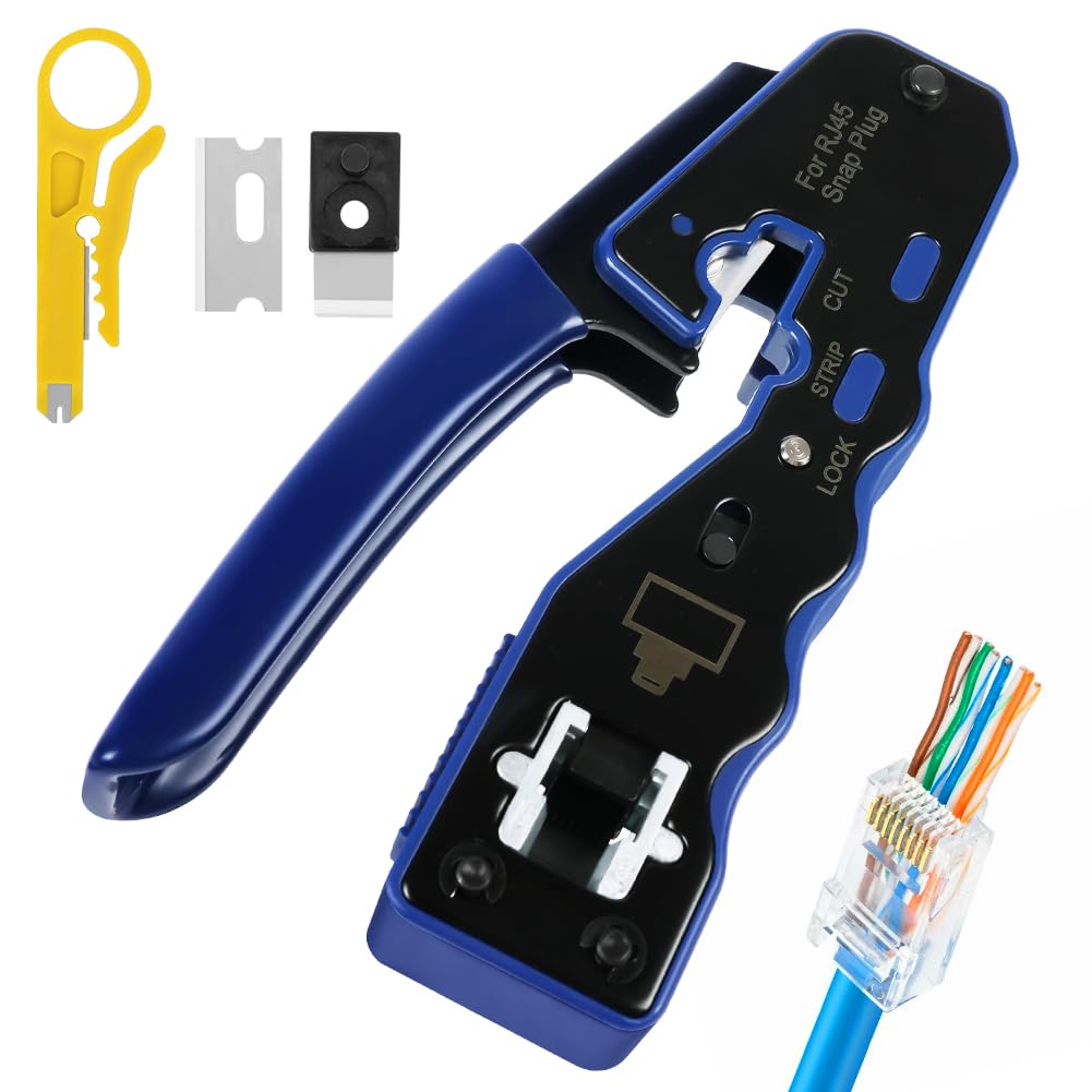 vsshe RJ45 Crimp Tool Pass Through Ethernet Crimper for Cat6 Cat5e Cat6a, All-in-One Tool Cuts, Strips, Crimps, Fast and Reliable