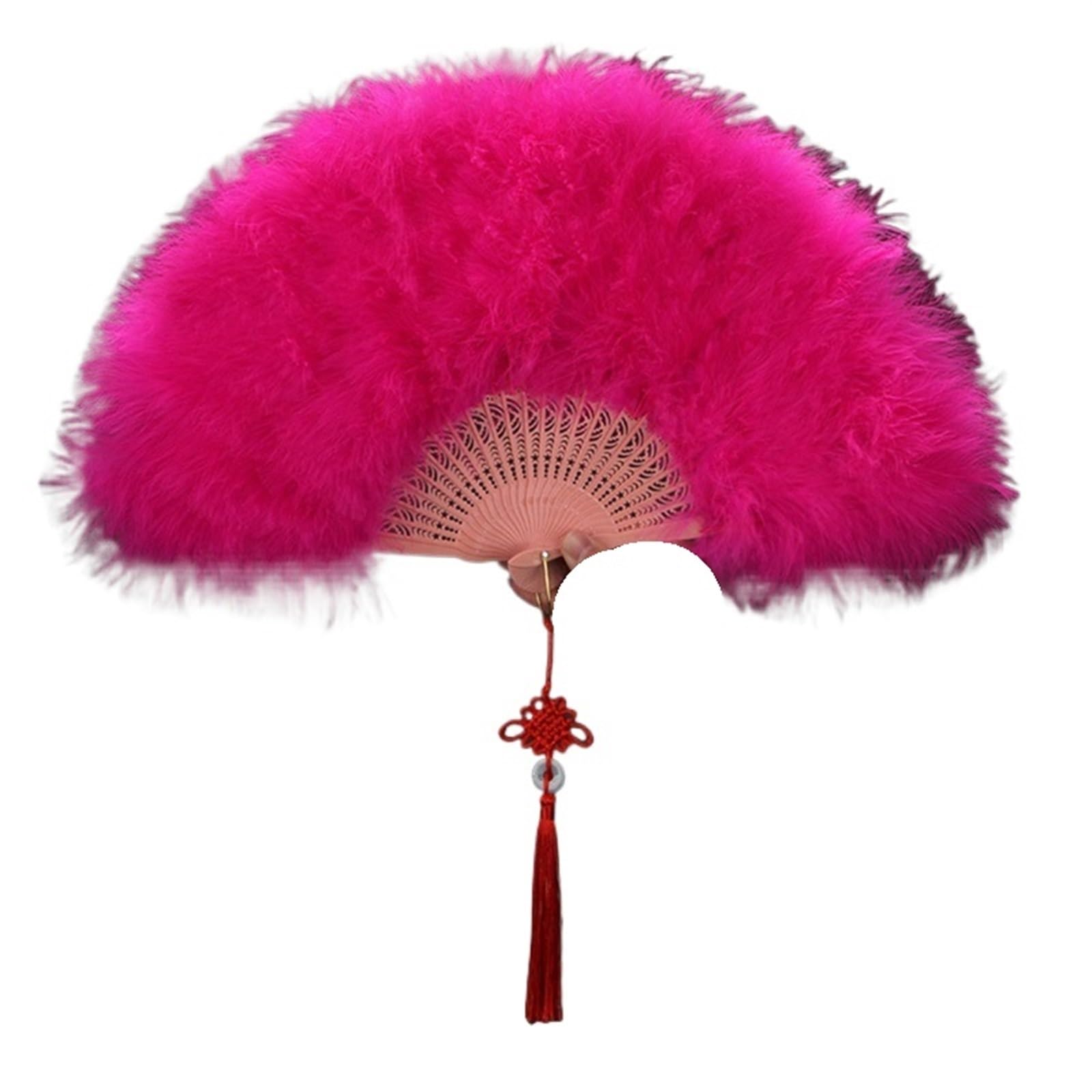Éventail de danse en plumes rose fuchsia accessoire pliant avec nœud chinois
