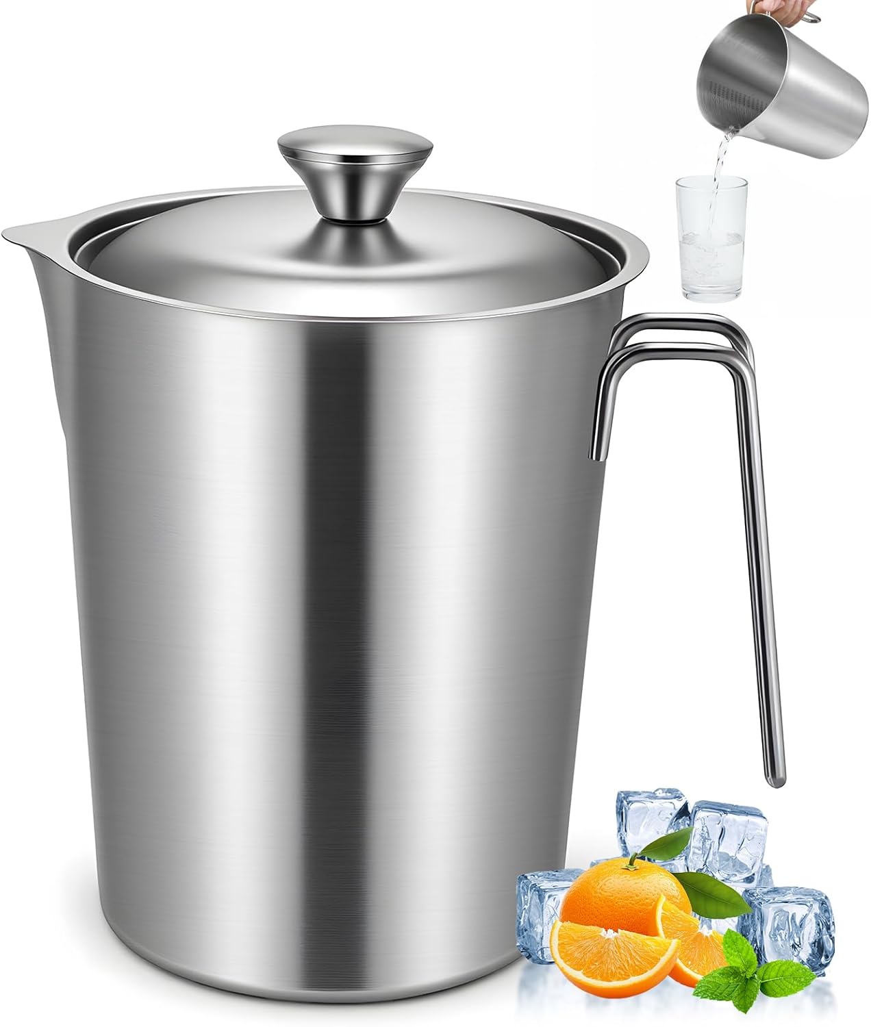 304 Stainless Steel Pitcher with Lid, 70 oz / 2L Measuring Cup with Marking and Handle, Large Mouth Graduated Beakers, Metal Milk Frothing Jug for Iced Tea, Espresso Machine, Hot & Cold Water