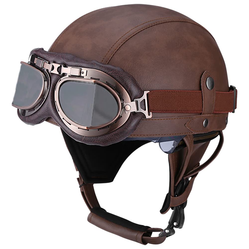 Woljay Vintage Leather Motorcycle Retro Half Helmet Men Women Adult for Scooter Bike Cruiser with Goggles and Drop Down Sun Lens
