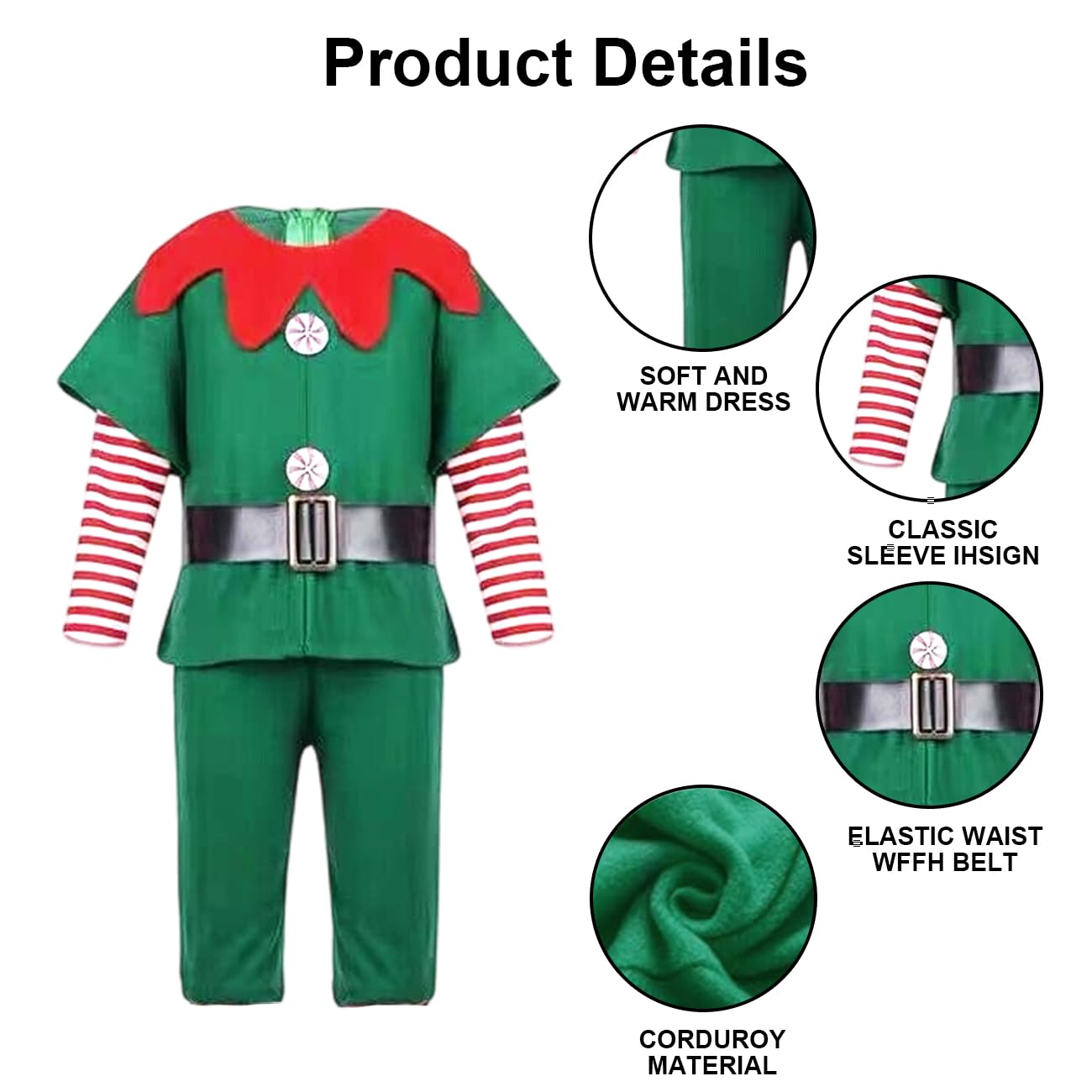 WFKKMEQ Christmas Elf Costume Set, 4 Piece Green Xmas Elf Outfit, Santa's Helper Outfit, Christmas Fancy Dress - Image 3
