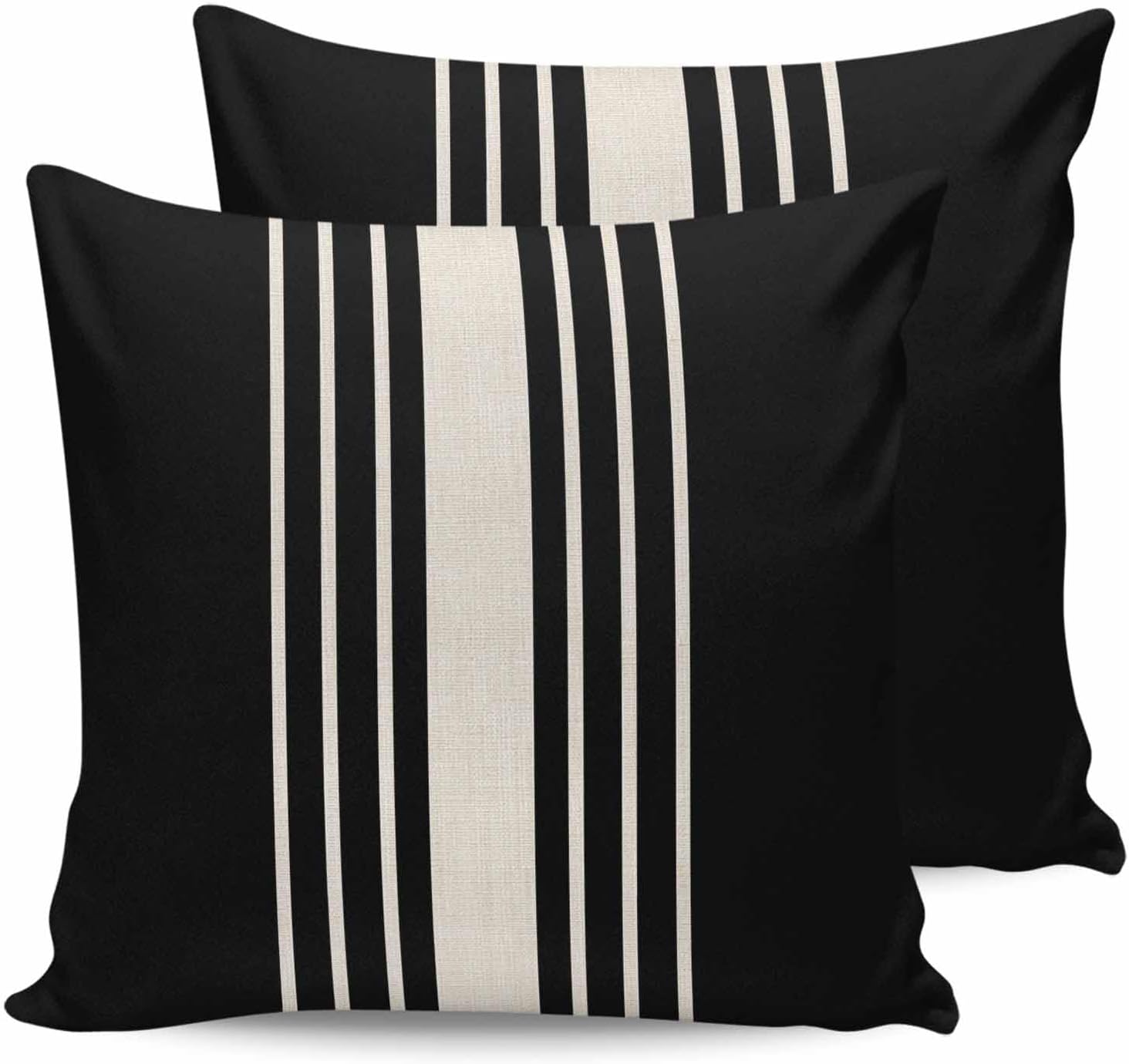 Outdoor Waterproof Pillow Covers Pack of 2, Beige Linen Strip on Black Waterproof Throw Pillow Case, Abstract Modern Striped Soft Cushion Cases for Patio Tent Balcony Couch Bed Sofa