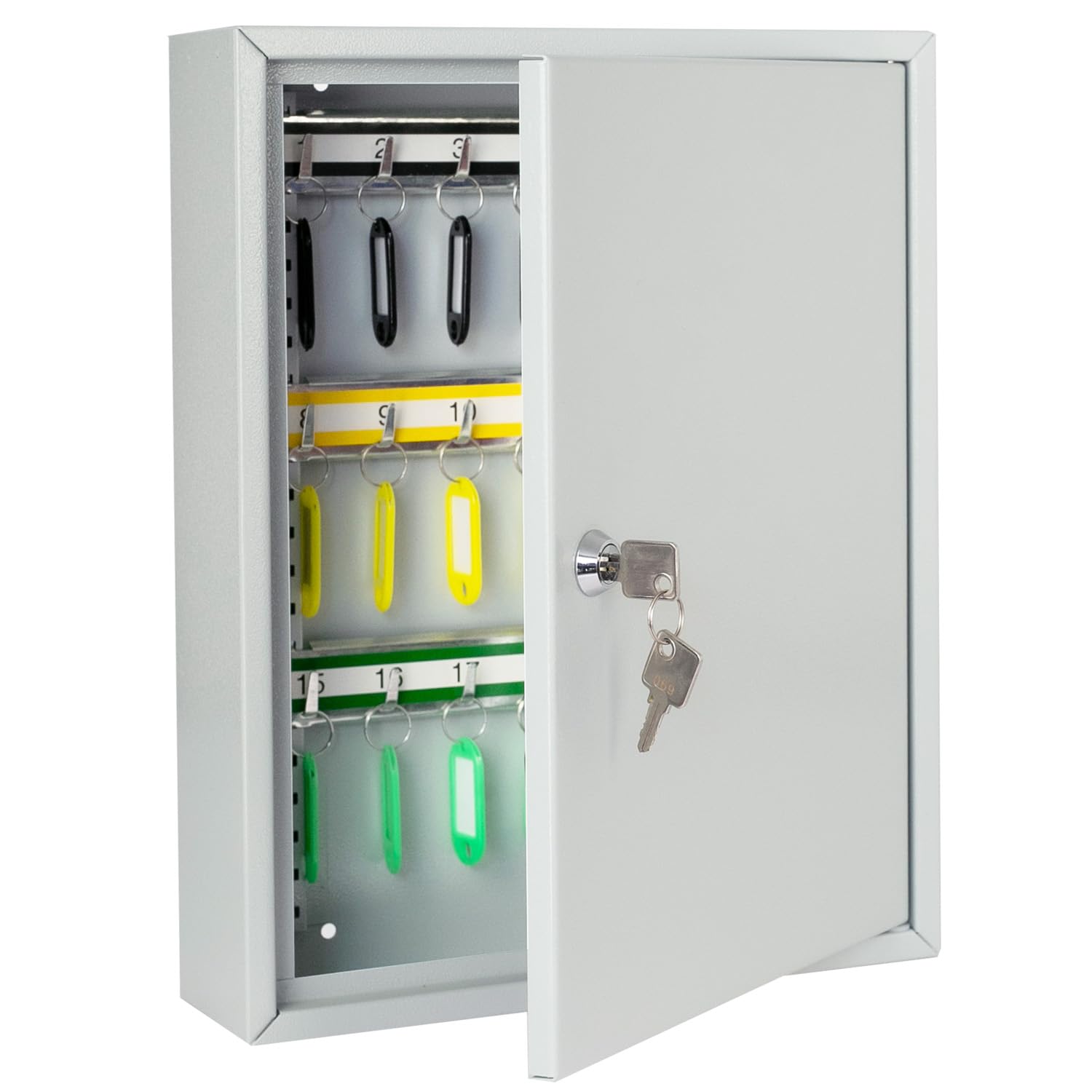 HMF Armario para Llaves de Acero, Caja de Llaves con Cerradura para Oficina, administración o Flota de vehículos | 42 Ganchos para Llaves | 35 x 27 x 8 cm | Gris Claro